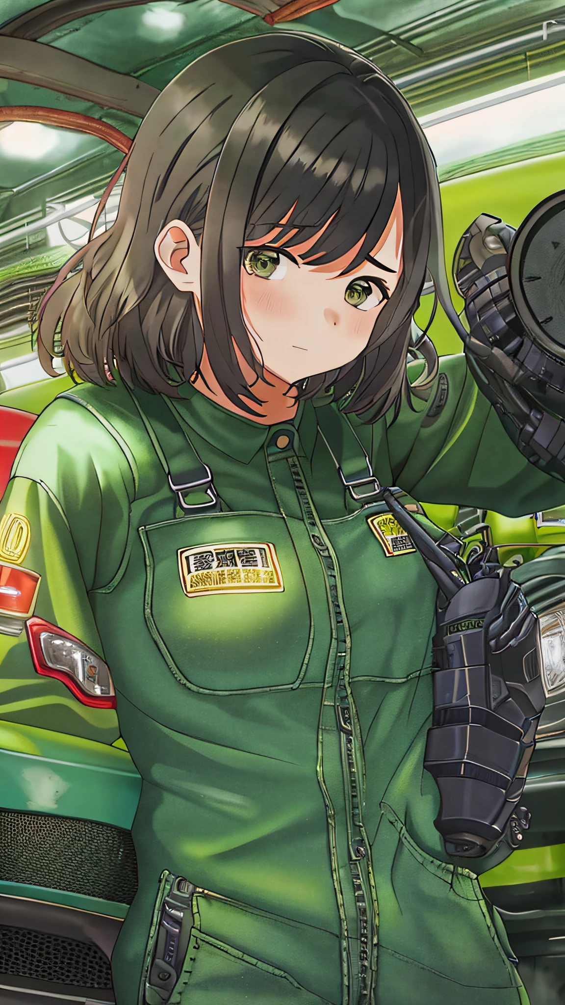 20-year-old woman working in a car repair shop、Looks fun、Coveralls、short-hair、sports car on the background、Backlight illumination