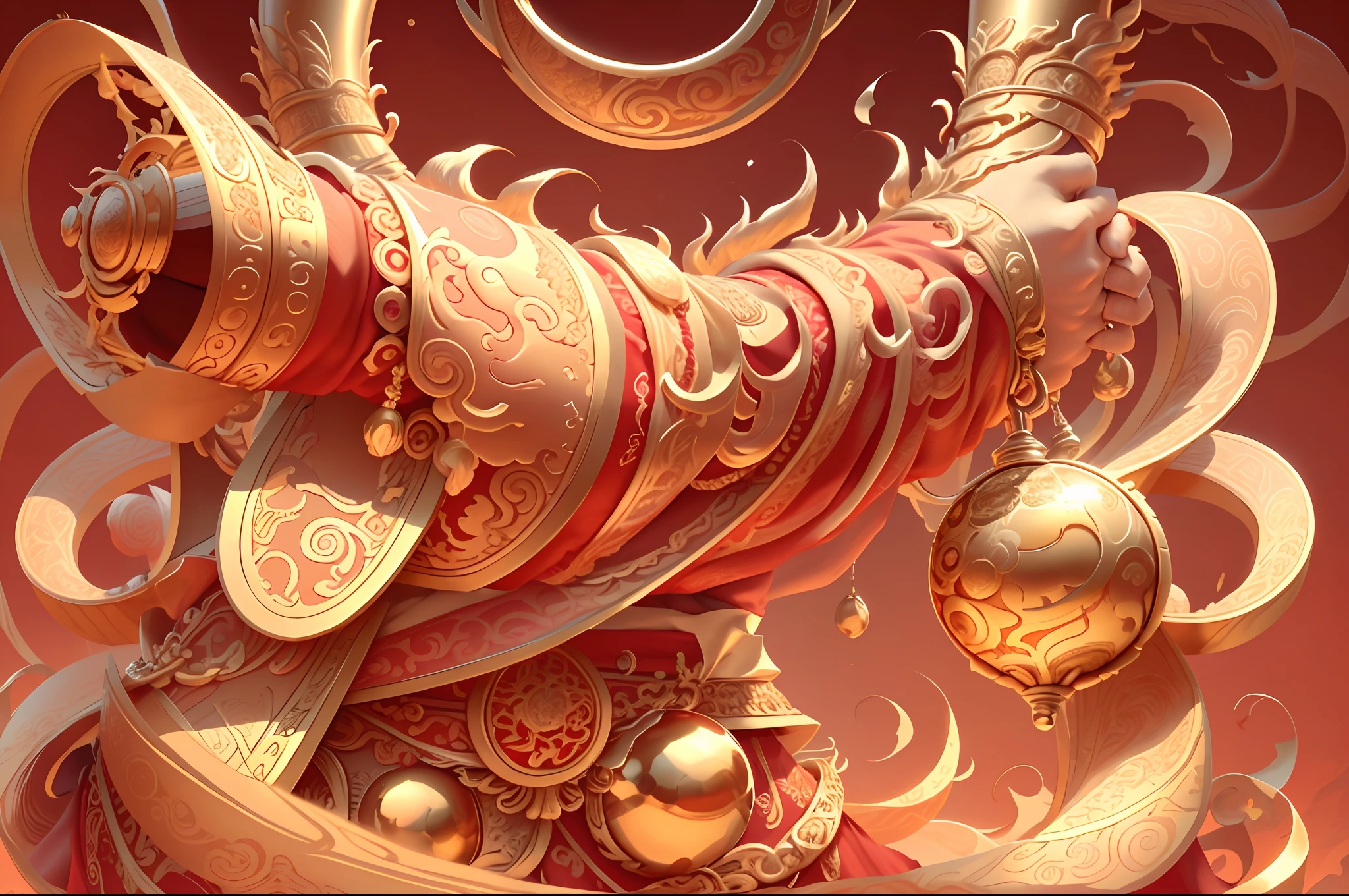 Close-up of a man holding gold coins in front of red background, （God of Wealth, There are many gold coins around, Holding gold）, 8 K cartoon illustration, inspired by Park Hua, Chinese style, inspired by Gong Xian, wearing gilded red robes, golden chinese text, flaunting his wealth, Chiba Yuda