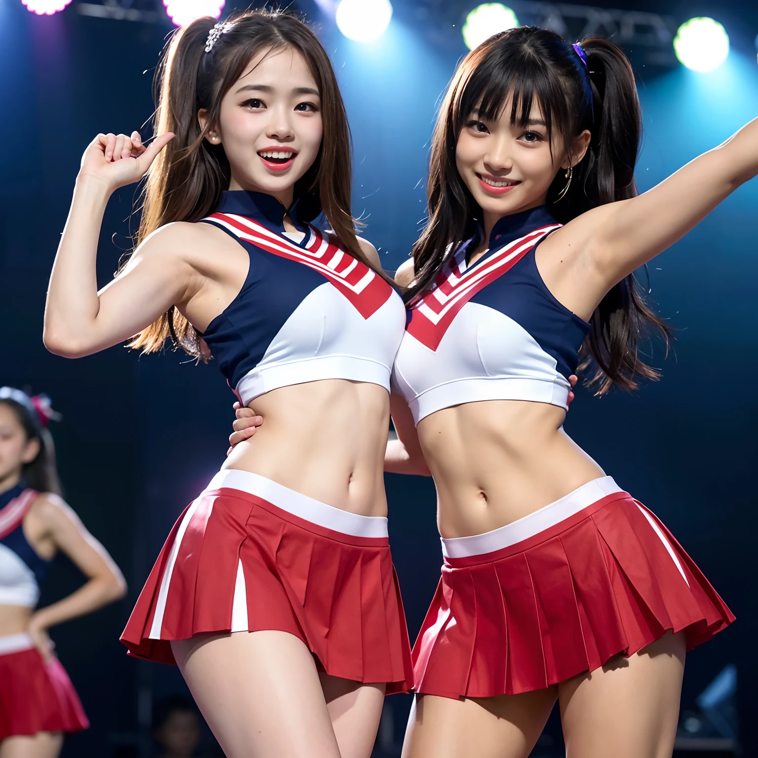 ((最high quality, 8K, masterpiece: 1.3, Ultra HD, high quality, 最high quality, High resolution, realism)) 、Very beautiful 22 year old Caucasian woman、Hair Color: Blonde、Blue Idium Hair、Straight hair、smile、Slim but well-proportioned body、Athlete-like figure、I want to keep my head out of the screen.、Wear accessories on your wrist、Put an anklet on your ankle、Wearing red nail polish、Having a pedicure、Being a cheerleader、Hold pom-poms and wave your hands in the air, They dance the cheer dance
