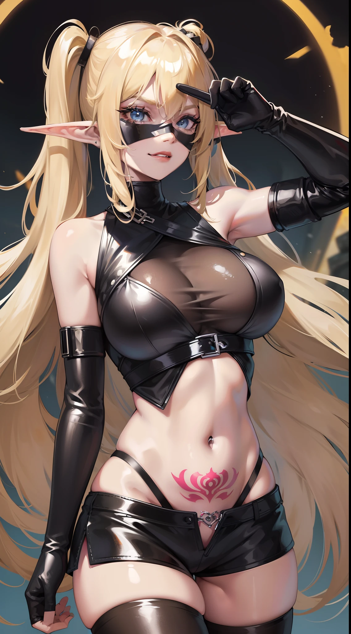 young girl, longue blonde hair, Two pigtails, blue eyes, elf ears, smirk, Black Superhero Mask, black skintight clothes, leather clothes, open belly, open breasts, Huge-breasts, Wide neckline, Sleeveless, Shorts, tattoo, lots of tattoos, Masterpiece, hiquality, 4k, HD, Good detail
