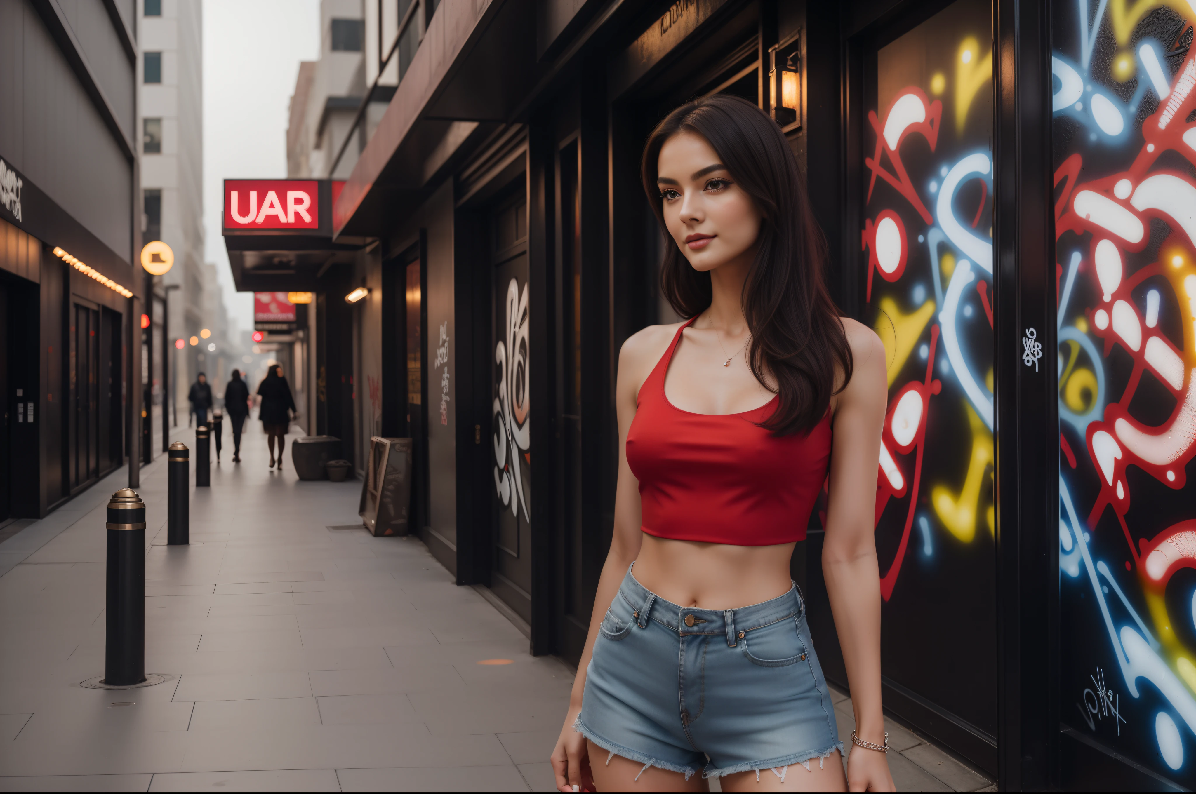 ((full-body, cinematic-shot)),(best quality,4k,8k,highres,masterpiece:1.2),ultra-detailed,(realistic,photorealistic,photo-realistic:1.37),(((1girl))),(((solo))),(((a girl alone:1.4))),(18years old),[the face is combination of (((irene1:1.2))) and (((Excella_er5:1.2)))],(sharp focus:1.5),beautiful detailed eyes,beautiful detailed lips,extremely detailed eyes and face,long eyelashes,gorgeous girl,feminine charm,pearl skin,(skin pores:1.1),extremely detailed face and skin texture,(skin texture:1.1),black hair,soft and smooth hair,tall and slender body,(192cm tall),thin and delicate figure,graceful posture,strong and defined muscles,flawless skin,defined abs,perfect curves,feminine appearance,beautiful long legs,embodying elegance and beauty,happy expression,full-smile,cleavage breasts,((wearing a ((red)) crop-top:1.3)),(no panty),(ultra-short miniskirt),(ripped jeans miniskirt),vibrant colors,extremely detailed and realistic ((red)) clothes,(colorful),(film grain:1.3),night in the city,shimmering lights,city skyline silhouette,dramatic shadows,atmospheric fog,reflective surfaces,mysterious alleyway,beautifully lit windows,neon signs,portrait photography,soulful expressions,colorful bokeh,city noise,romantic ambience,texture of skin,sheen of hair,detailed facial features,fashionable clothing,faint moonlight,subtle makeup,bare skin,natural beauty,impeccable grooming,modern cityscape,urban landscape,(graffiti art:1.4),warm color palette,dynamic composition,nighttime serenity,metropolitan hustle and bustle,emotional connections,depth of character,soft shadows,nighttime tranquility,VIP access,exclusive location,stylish architecture,haunting beauty,emerging stars,street fashion,high-end luxury,nighttime rendezvous,brand endorsements,award-winning photography,vogue-worthy images