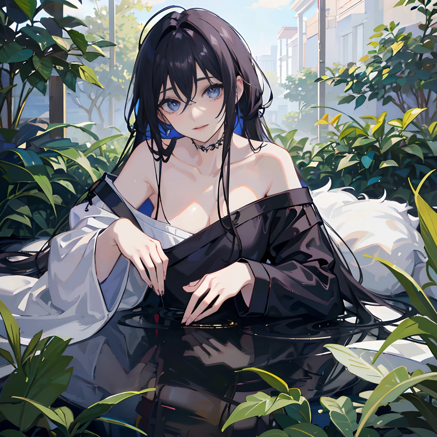 ((masterpiece, best quality)), (()), Anime version, long black hairstyle, messy front hair, laying down in garden, (wearing white sweater), double eyelashes, thin lips, shiny deep blue eyes, pale skin, looking towards viewer, (collarbone), slight smile, intrinsic details, highres, 4k, 8k, leafy background, award-winning, ((detailed fingers)), best fingers, (good fingers)