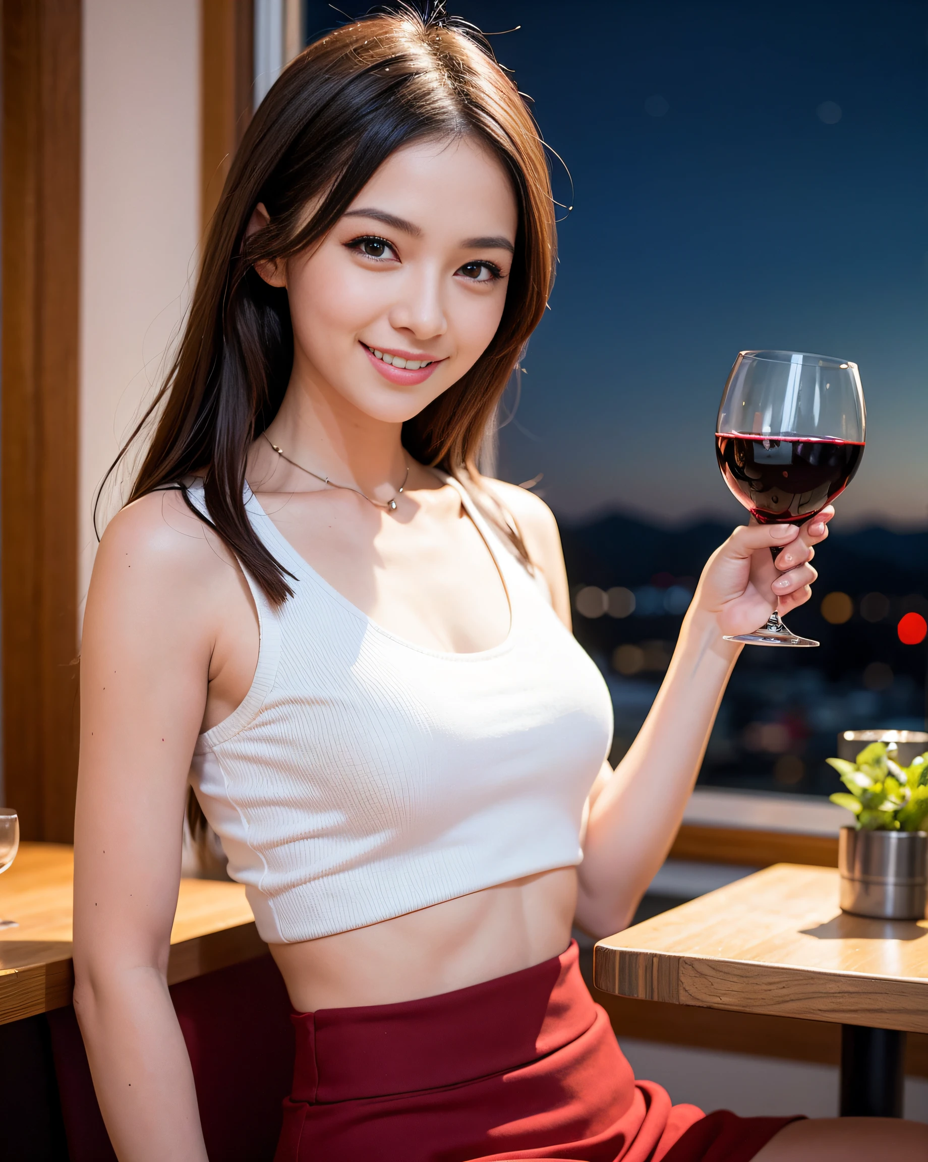 A 20-year-old woman with the cute face of an idol who looks 15 years old.、Gentle and cute、Please smile kindly、In underwear、Holding a glass of red wine on the spacious terrace of a hotel suite with a beautiful night view、Late Night、Raw photo、Real、High definition、Artistic、Genuine、Real Life、No copyright notice