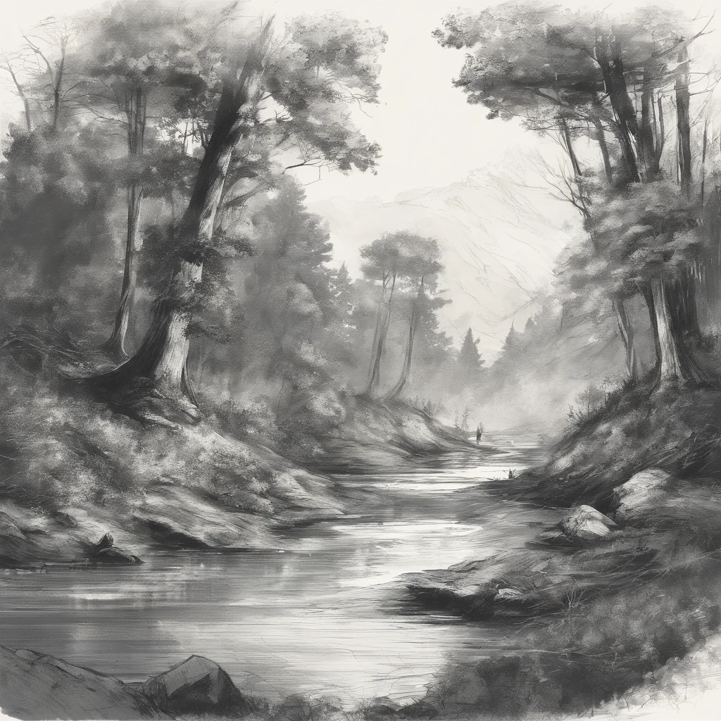 landscape, Deciduous forest, precipice, River, charcoal sketch, Very detailed and detailed