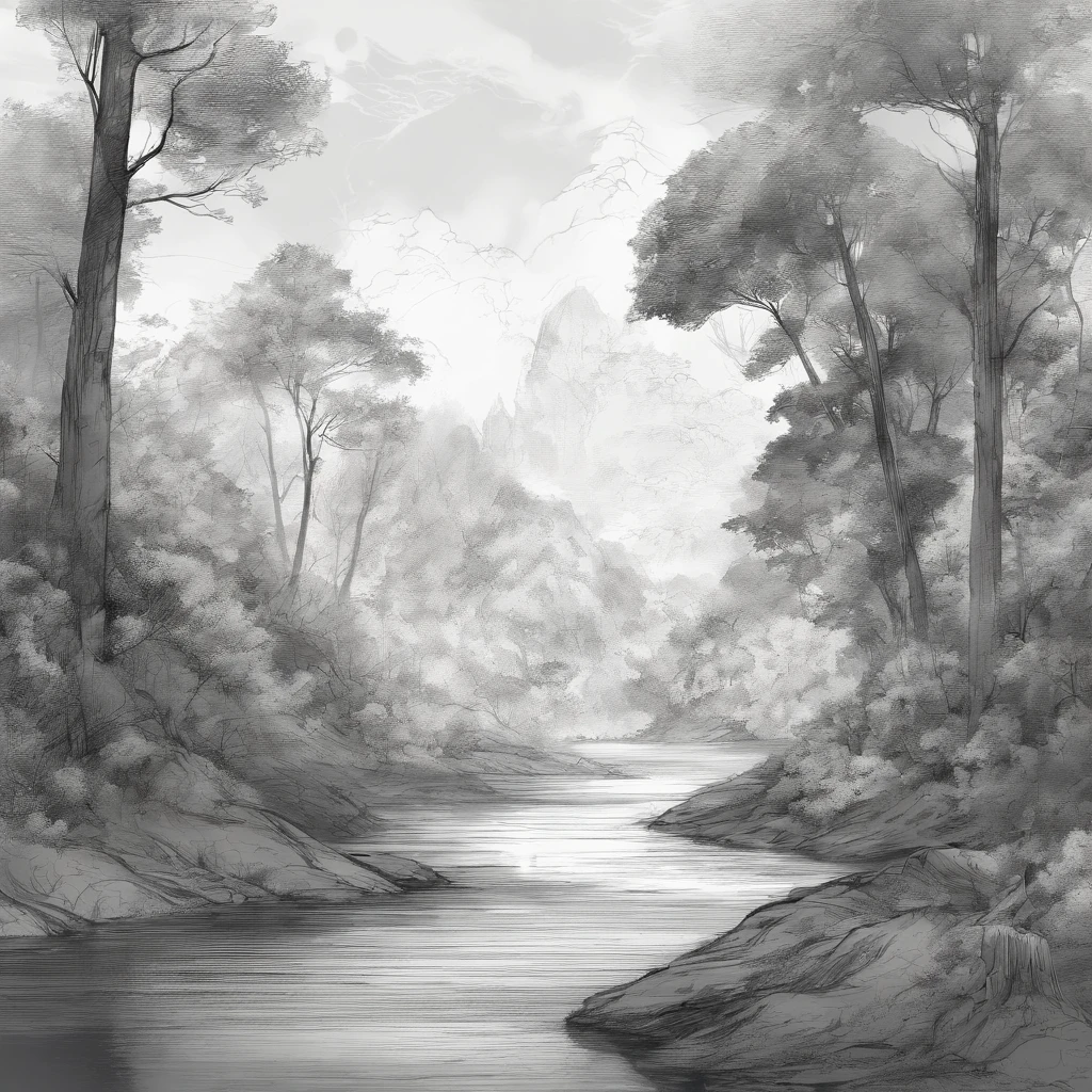 landscape, Deciduous forest, precipice, River, charcoal sketch, Very detailed and detailed