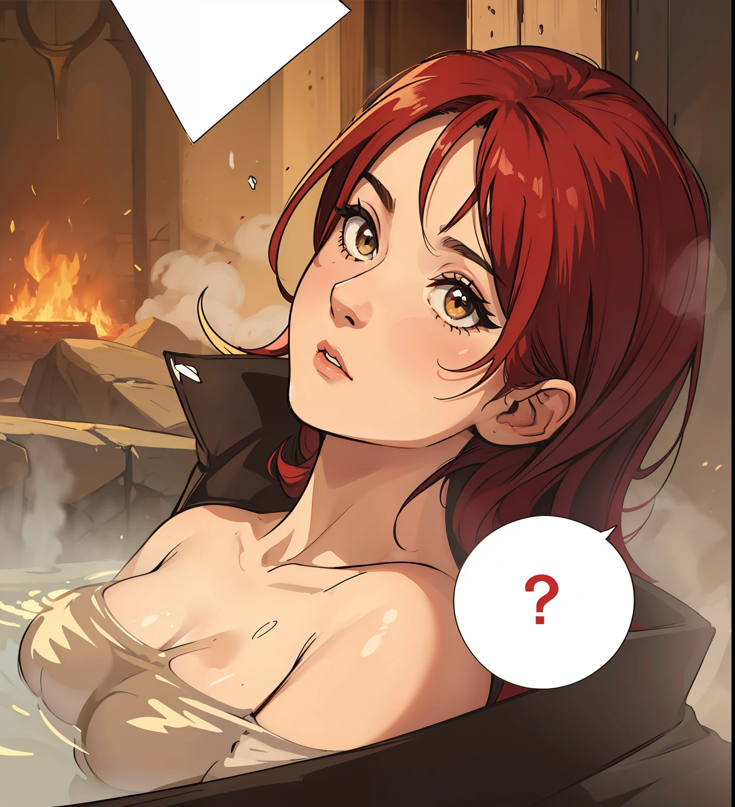 Erza Scarlet is one of the main characters in the series. The young woman with scarlet hair and brown eyes is described by Lucy Heartfilia herself as an amazing woman, very strict and who does not admit when others make mistakes. She is a slender figure with well-drawn curves, sem trajes, no banho, pele molhada, Hot steam in high resolution, circunstanciado, uma arte para um Jogo de rpg ((melhor qualidade)) ((olhos bonitos)) ((pele molhada))