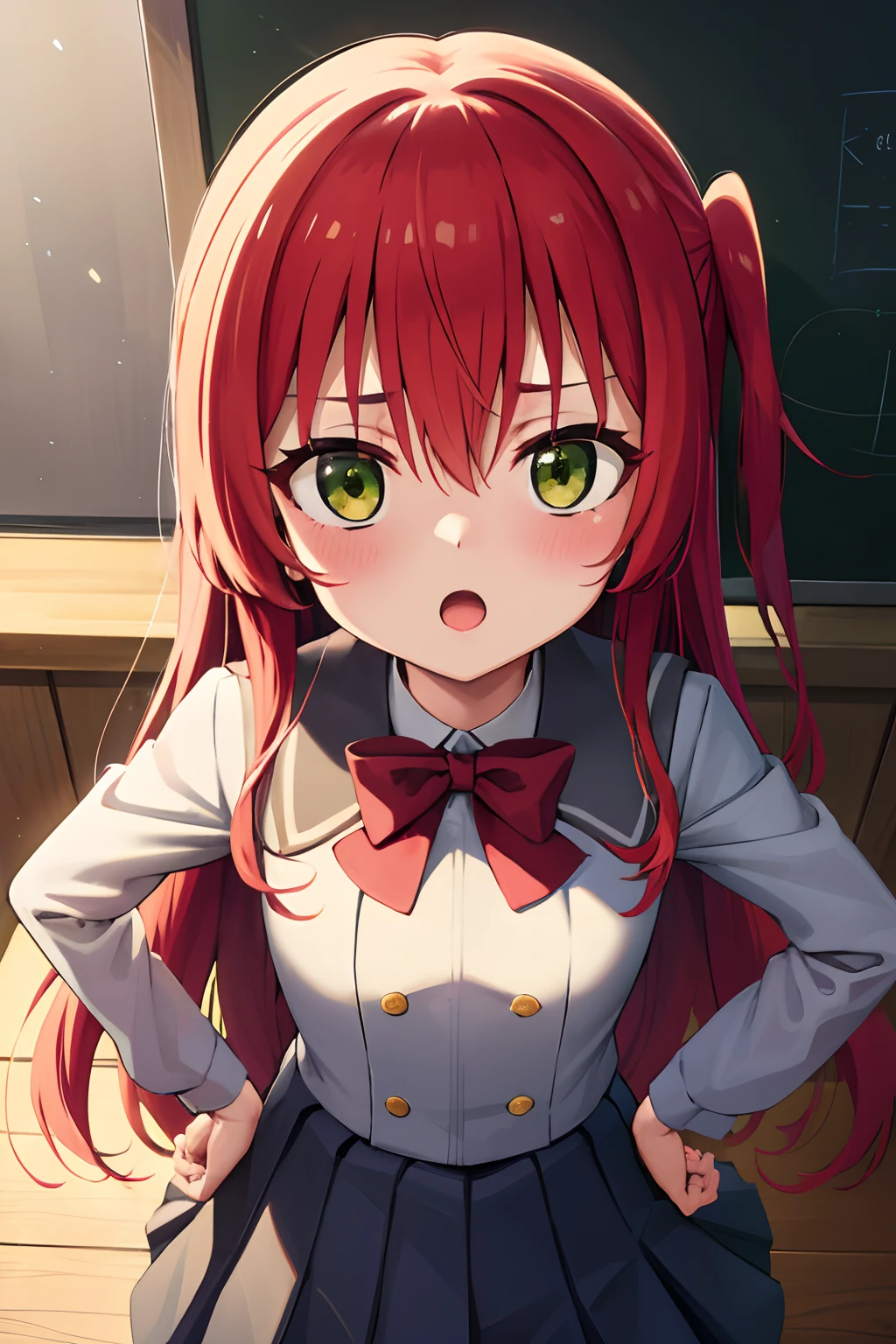 kitaikuyo, ikuyo kita, (green eyes:1.5), hair between eyes, long hair, one side up, red hair, (flat chest:1.2),
BREAK black footwear, black skirt, grey sailor collar, pleated skirt, sailor collar, school uniform, shoes, short sleeves, shuka high school uniform, skirt,,
BREAK looking at viewer,
BREAK indoors, classroom,
BREAK (masterpiece:1.2), best quality, high resolution, unity 8k wallpaper, (illustration:0.8), (beautiful detailed eyes:1.6), extremely detailed face, perfect lighting, extremely detailed CG, (perfect hands, perfect anatomy),up chest.big breasts.Sad face.open mouth.put hands on the hip.look from above.
