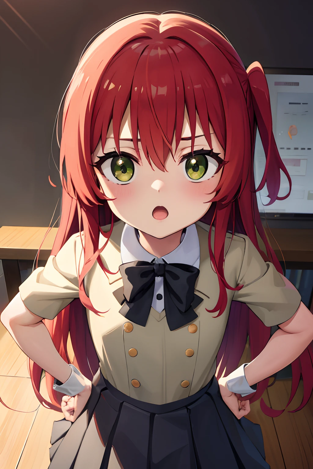 kitaikuyo, ikuyo kita, (green eyes:1.5), hair between eyes, long hair, one side up, red hair, (flat chest:1.2),
BREAK black footwear, black skirt, grey sailor collar, pleated skirt, sailor collar, school uniform, shoes, short sleeves, shuka high school uniform, skirt,,
BREAK looking at viewer,
BREAK indoors, classroom,
BREAK (masterpiece:1.2), best quality, high resolution, unity 8k wallpaper, (illustration:0.8), (beautiful detailed eyes:1.6), extremely detailed face, perfect lighting, extremely detailed CG, (perfect hands, perfect anatomy),up chest.big breasts.Sad face.open mouth.put hands on the hip.