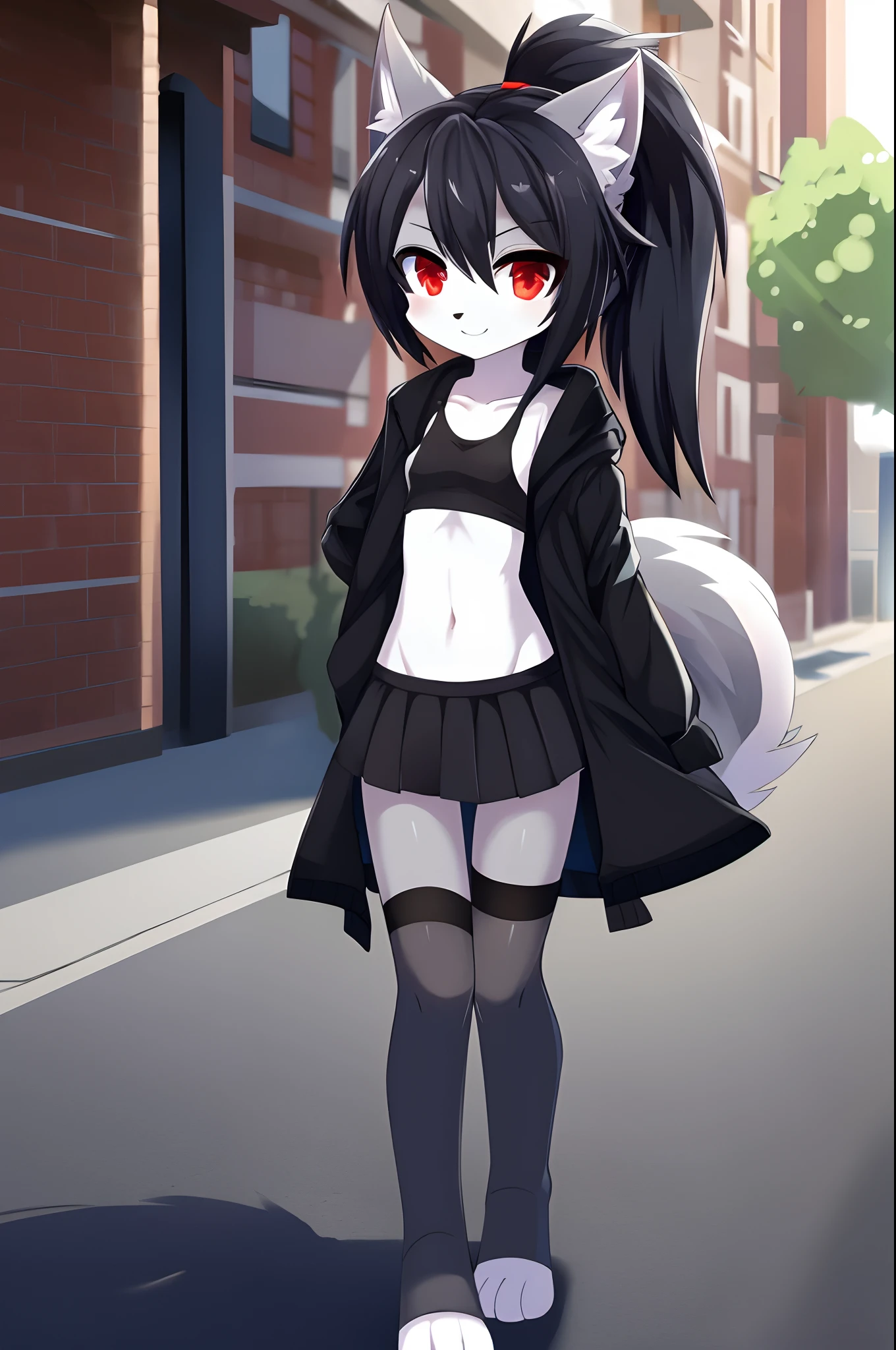 furry girl, young, wolf, black hair, emo shag hairstyle, long spiky ponytail, anime style, small breasts, red eyes, torn cropped off-the-shoulder shirt, torn black shorts, net tights, princess tiara, street, night sky, high quality, detailed body, detailed eyes, detailed face, masterpiece, glistening body, shiny body, detailed body fur, best quality, two tone body, gray fur, clear gray fur, skinny, sassy face, :3,