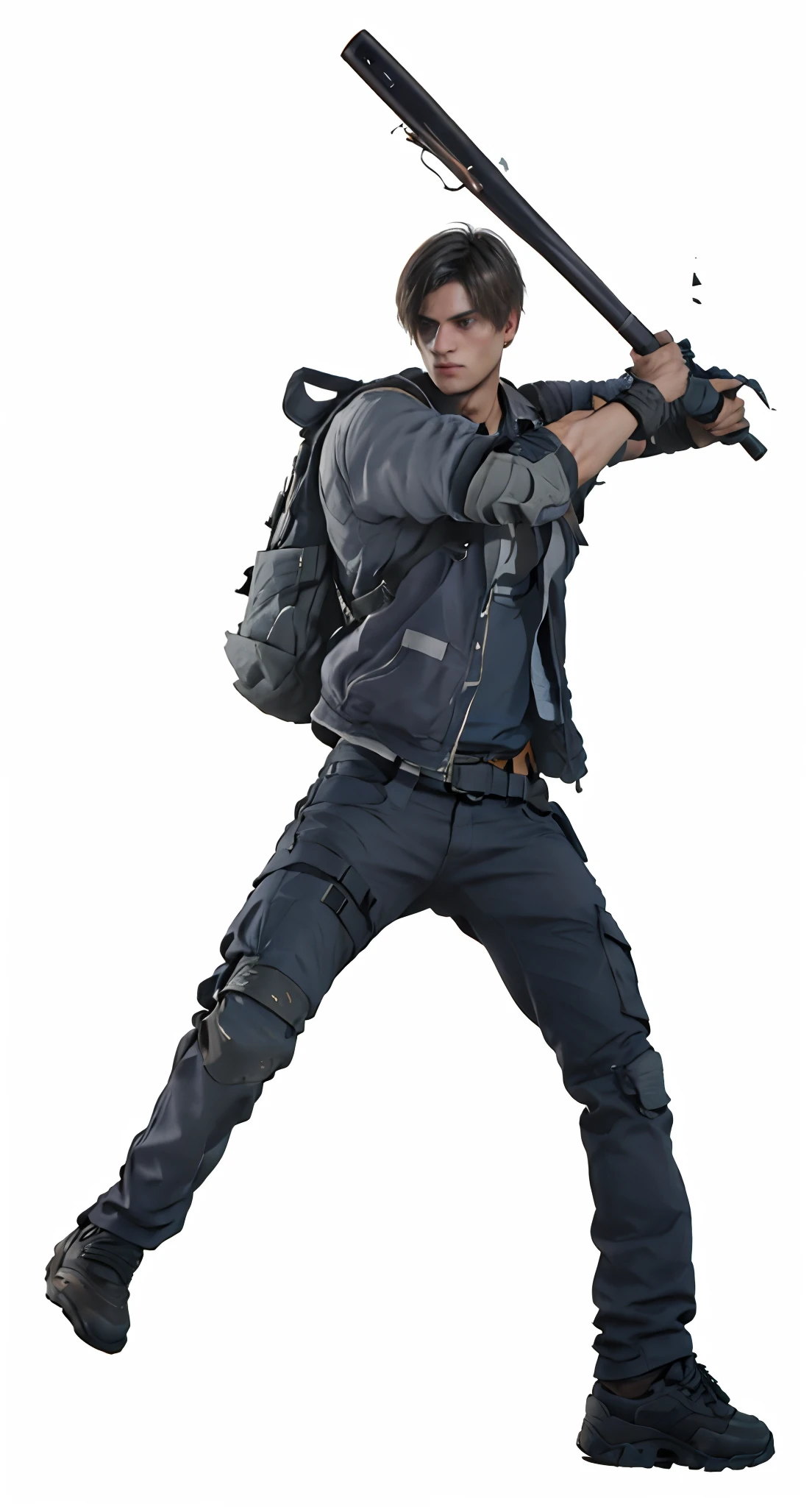 A young man wields a baseball bat,Carrying a rucksack,tense look,worn-out clothing,Realisticstyle,3D renderings captured in the game,Unreal Engine 5,unreal engine character art, wielding assault rifle,3d rendered character art,8K,ultraclear,detail-rich