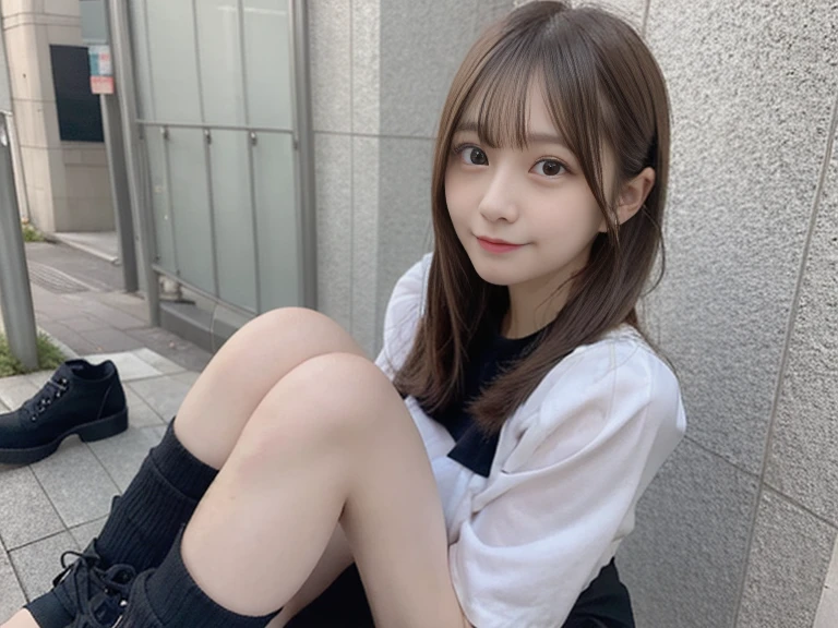 highest quality, 16K, japanese, young woman, down to your feet, whole body,  brown hair, short ponytail, mole under eye, longeyelashes, solid circle eyes, smile, surrealism, HD, textured skin, shoes 