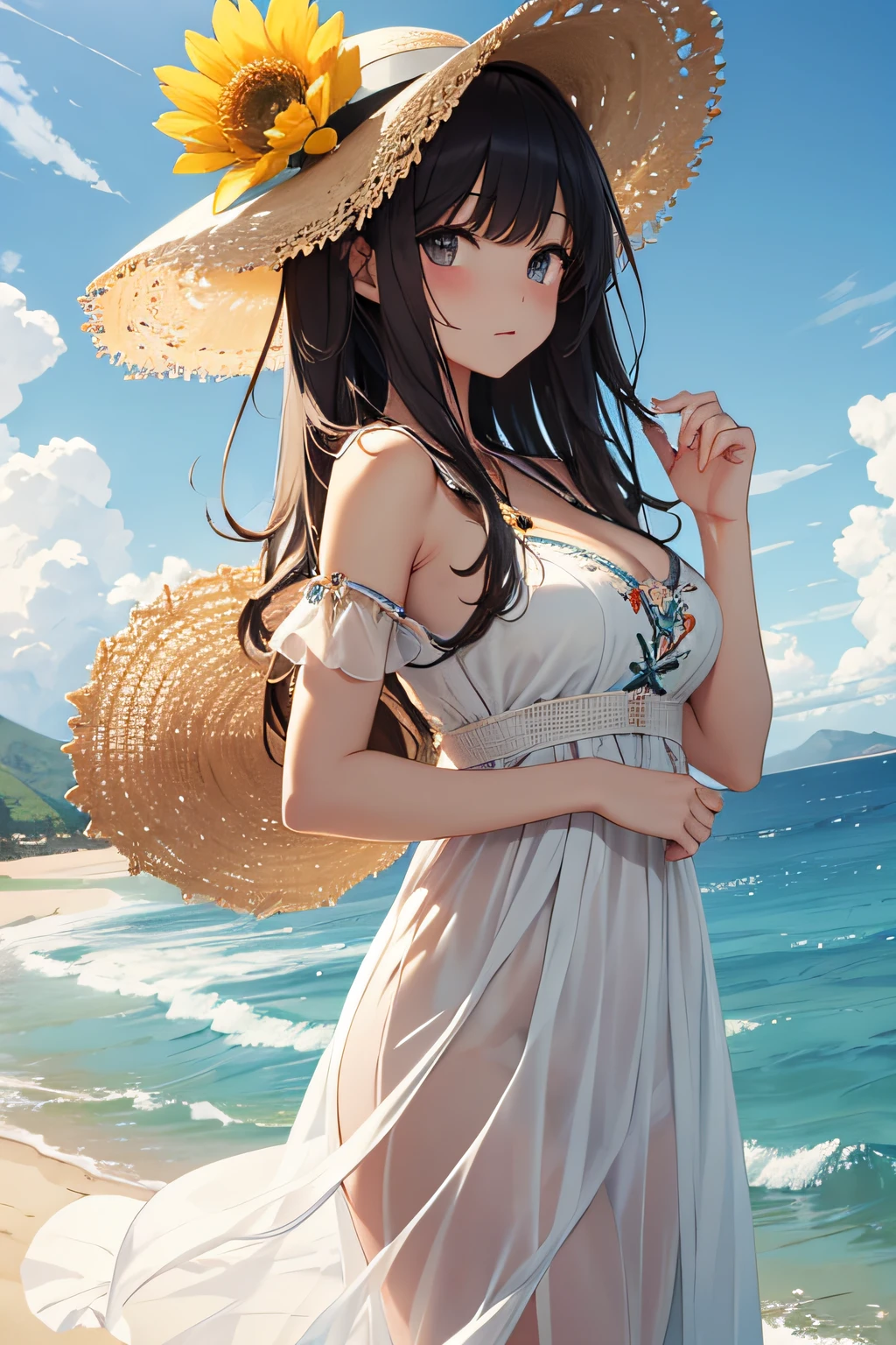 ​masterpiece、Massive landscape（（Mysterious Sea、sand beach））、a beauty girl、huge tit、Embroidery on a long white dress、Straw hat with yellow flower ornament