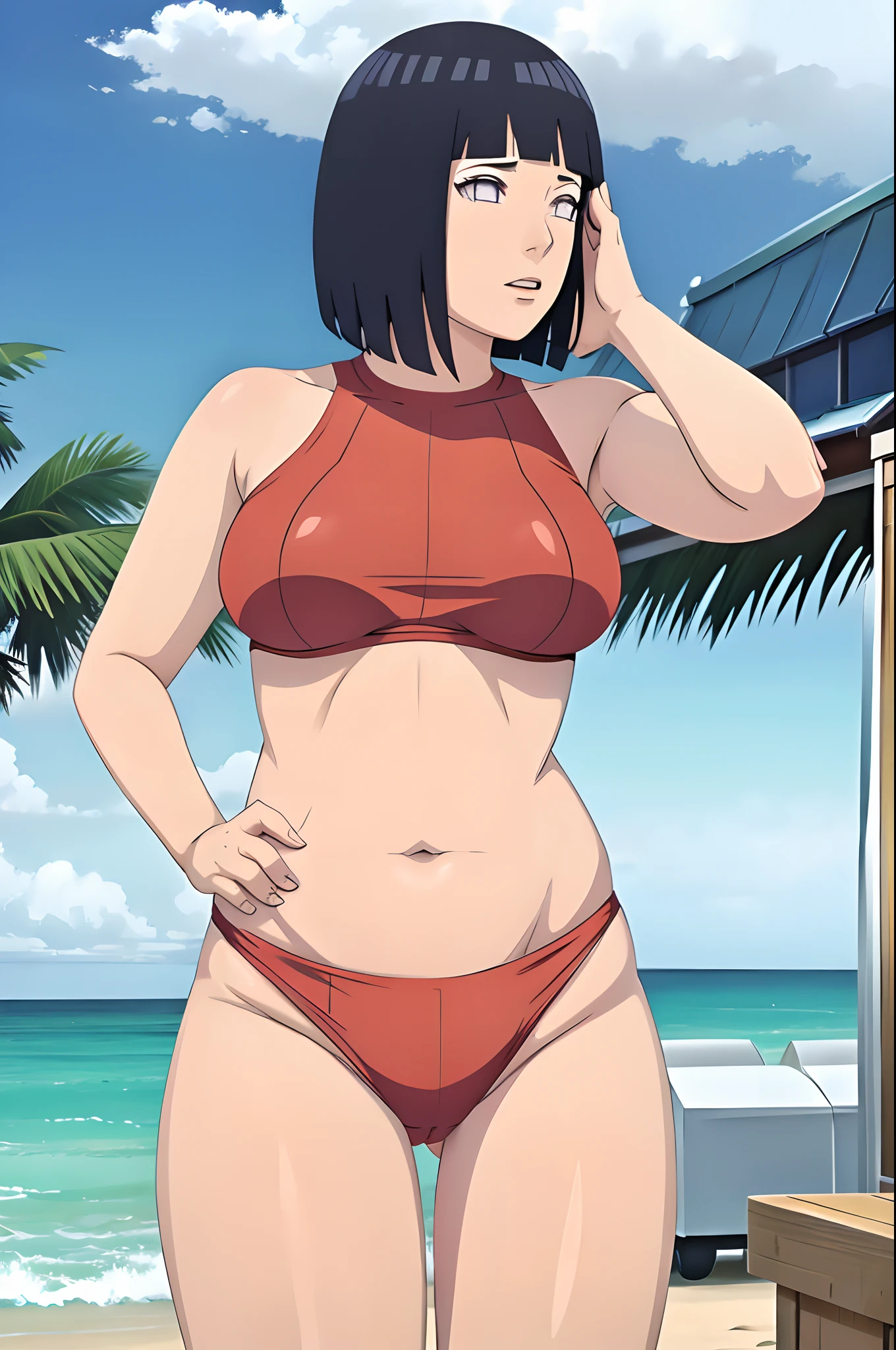 Hinata at the beach, red maillot, nice thighs,