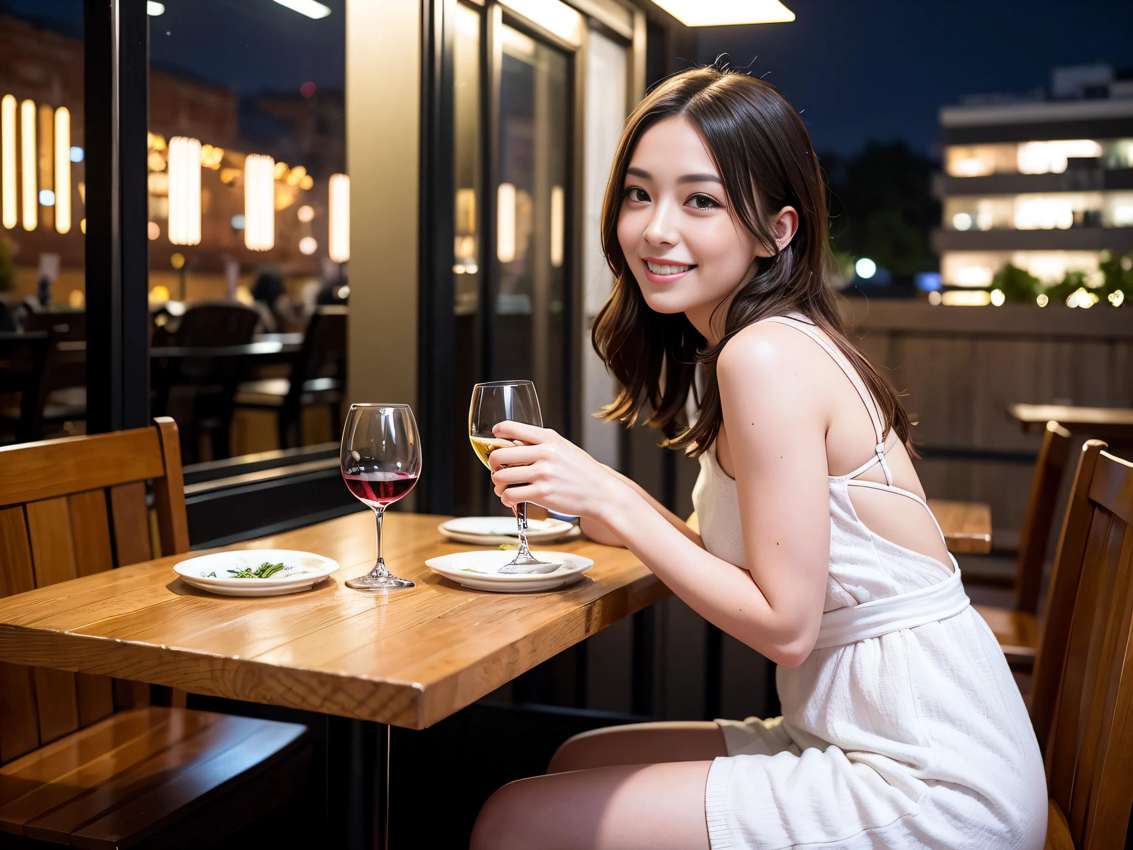(64K, UHD, top quality, masterpiece: 1.2), (realistic, photorealistic: 1.37), super detailed, pretty woman 1 person, (slim face), (slim body), (brown hair), (short cut), cheeks slightly blushing, (44 years old), 38 years old, solo, beautiful detailed urban night view outside the window, restaurant, wine glasses sit, at night, in a prominent placeNovaFrogStyle, Actress, Model, Waist Up, White Wine, Slim, Wine Glass, Super Clean Night View, Wine Glass Put in the Middle, Happy Smile, (Smile: 1.15), Beautiful Fine Eyes, Upper Body, Bust Japan Up, Night, Short, Short, Actress, Model, Waist Up, White Wine, Slim, Wine Glass, Super Clean Night View, Wine Glass Put in the Middle, Happy Smile,
