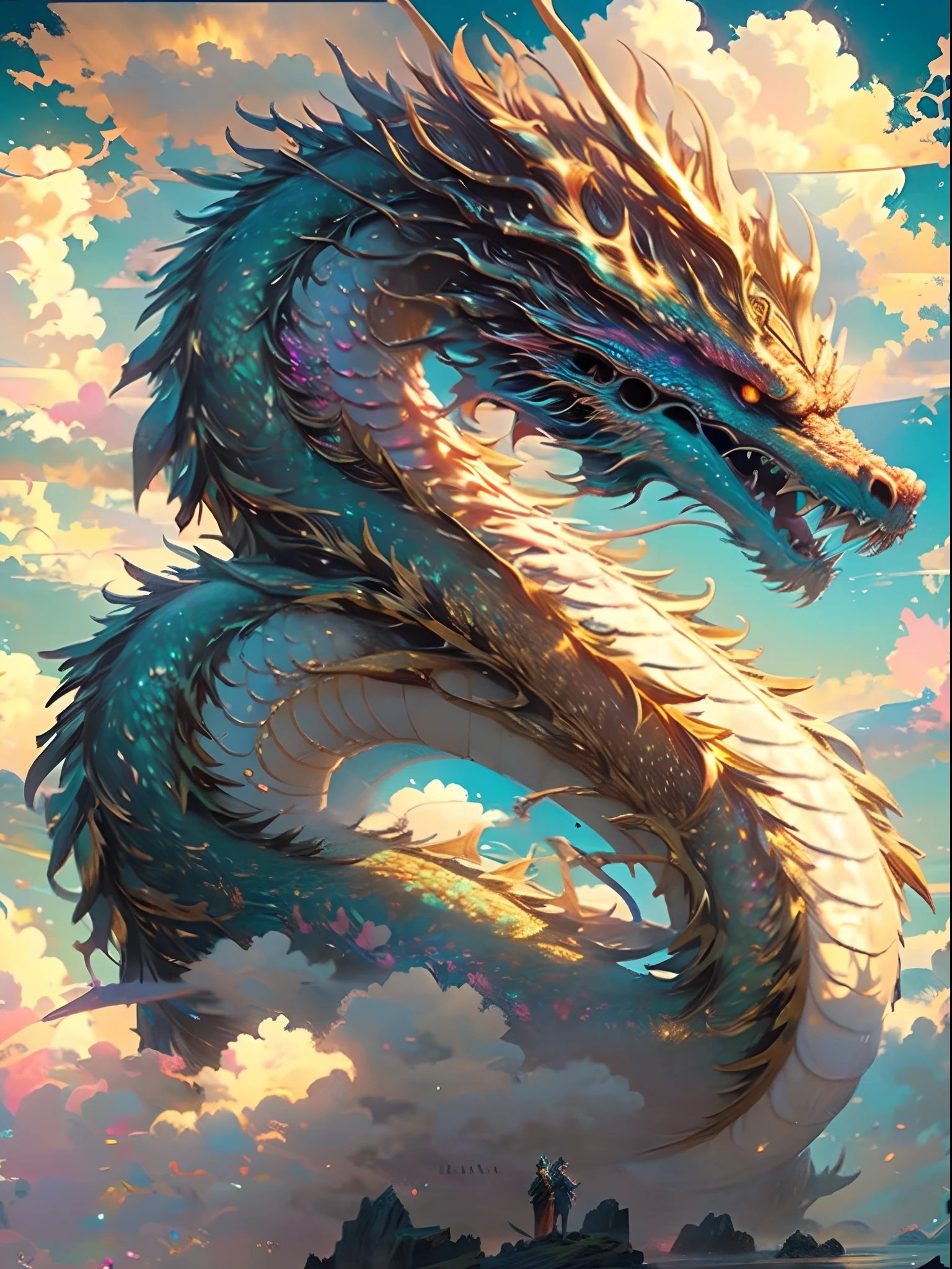 Rainbow, glimmering, glowing, ocean, clouds, dragon, islands, sharp picture, hyper realistic, trending on Artstation, intricate, best quality, 8k, 32k, dragon, long