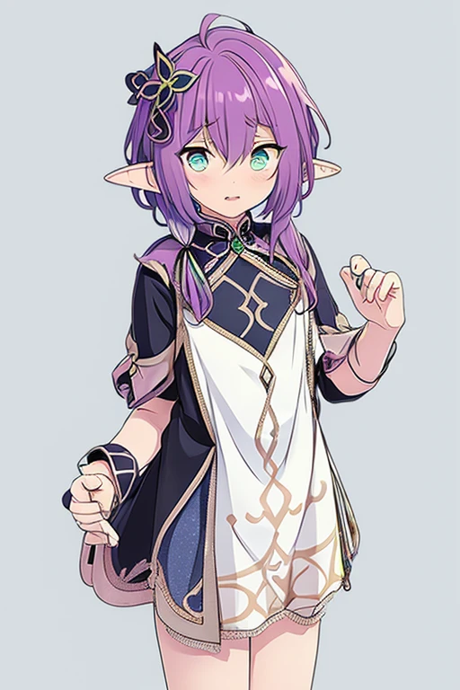 long hair, mole under mouth, purple hair, single ponytail on right, hair between eyes, cyan eyes, parted lips, ahoge, blush, shy, cowboy shot, masterpiece, best quality, detailed, pointy_ears, elf, 1girl, simple_background, solo, hair_ornament, long_pointy_ears, dress, ****, little_girl, petite, anime_style