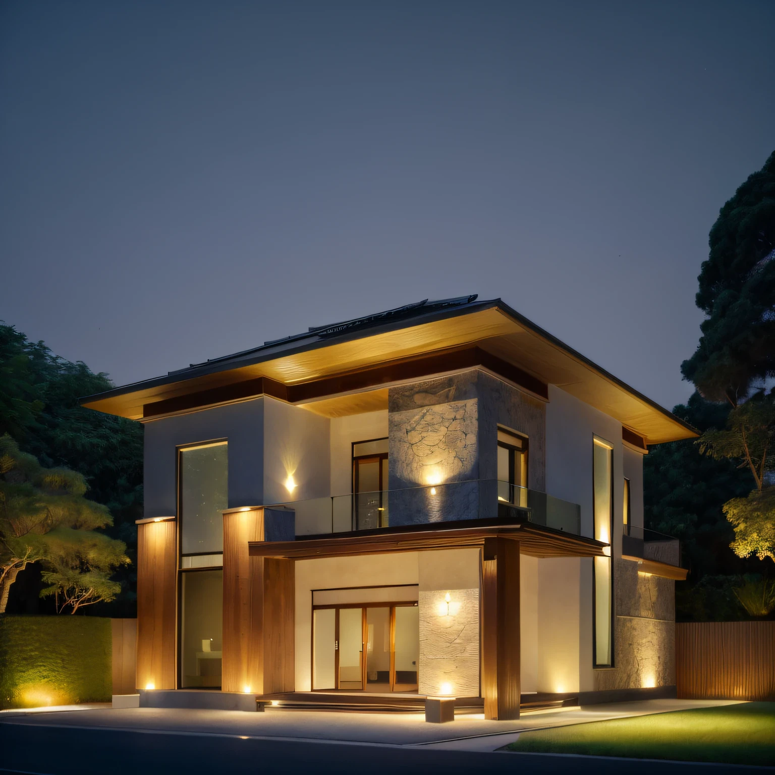exterior of villa, modern villa, japanese house, stone and wood texture, plants and trees, night light, bright lights, dusktime, warm light, RAW photo, reality, subject, 8k uhd, dslr, soft lighting, high quality, film grain, Fujifilm XT3