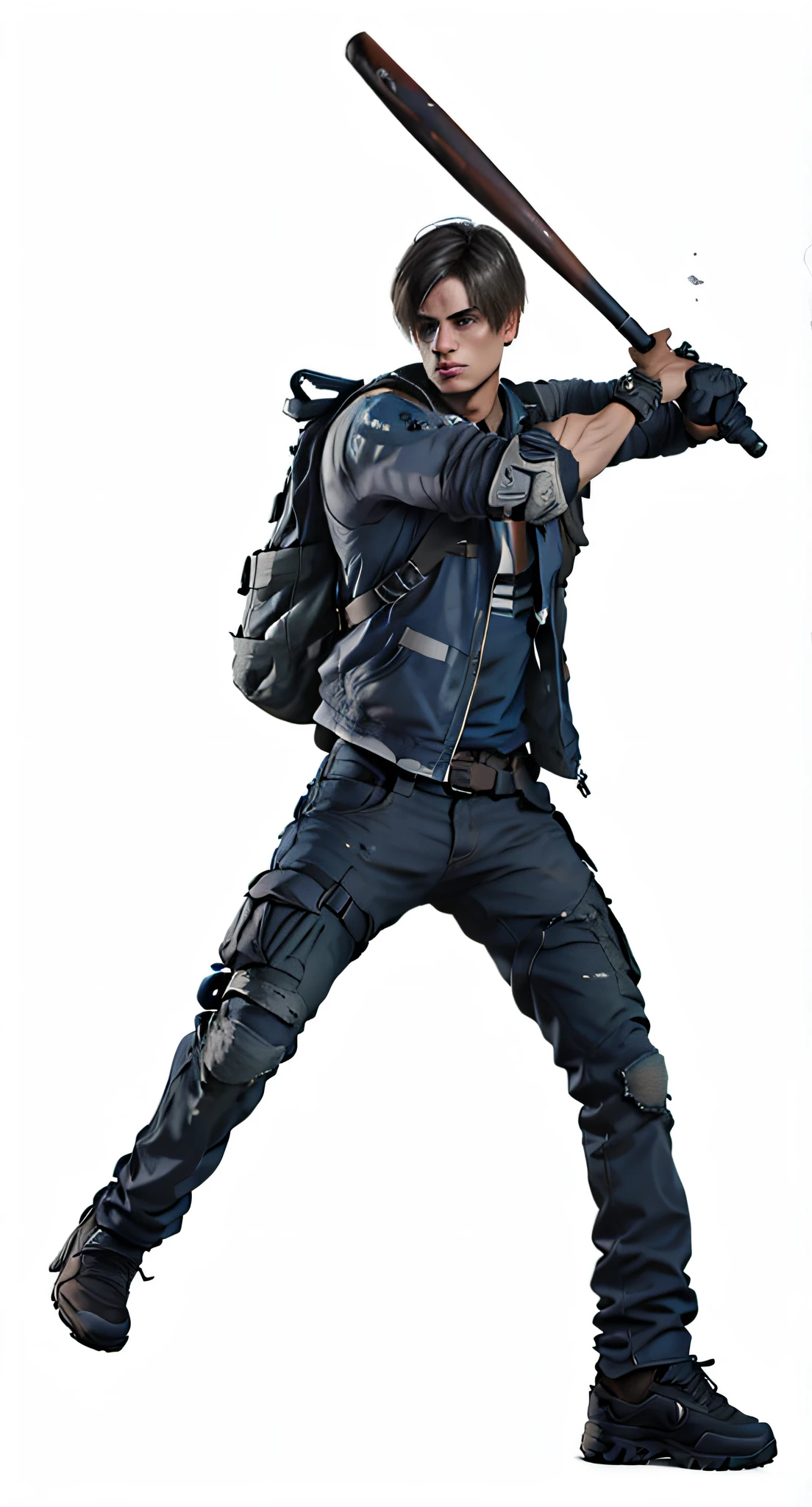 A young man wields a baseball bat,Carrying a rucksack,tense look,worn-out clothing,Realisticstyle,3D renderings captured in the game,Unreal Engine 5,unreal engine character art,3D rendered character art,8K,ultraclear,detail-rich