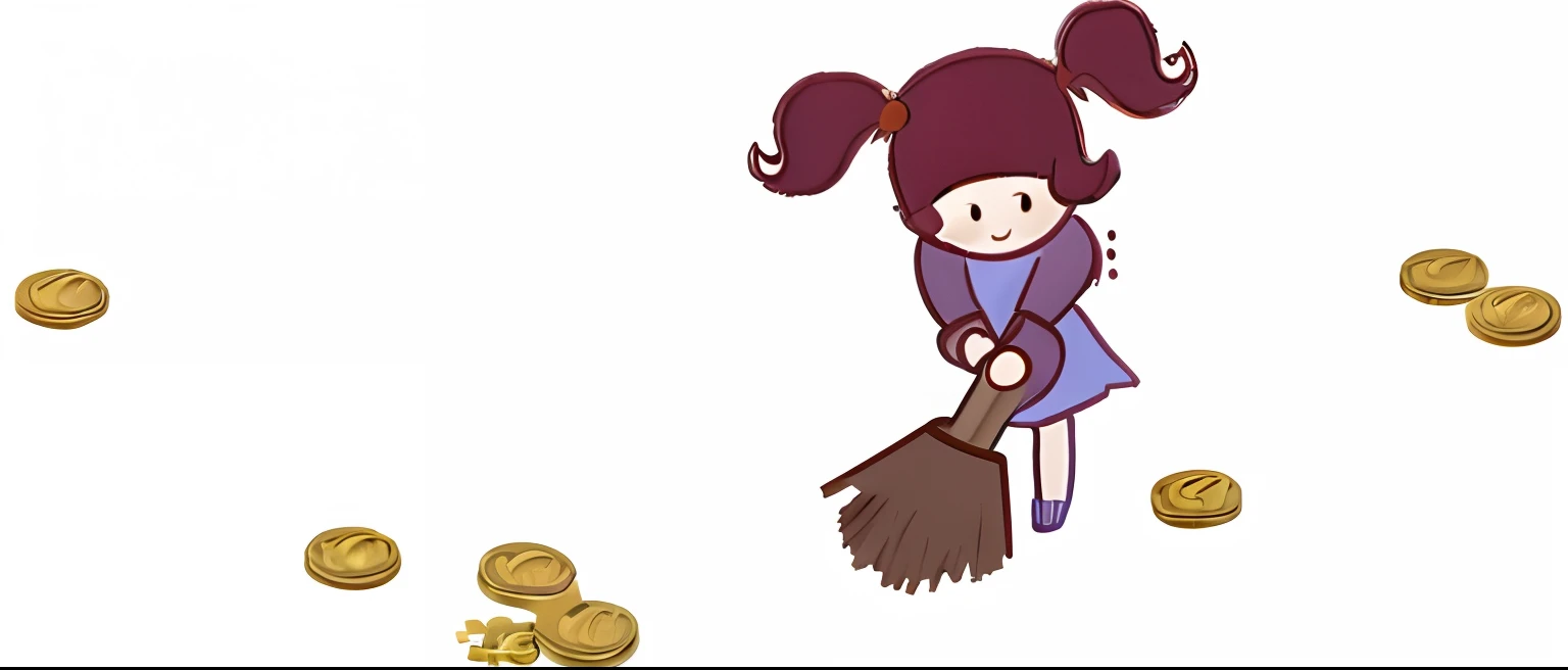 Little girl broom gold coin sweep sunny day