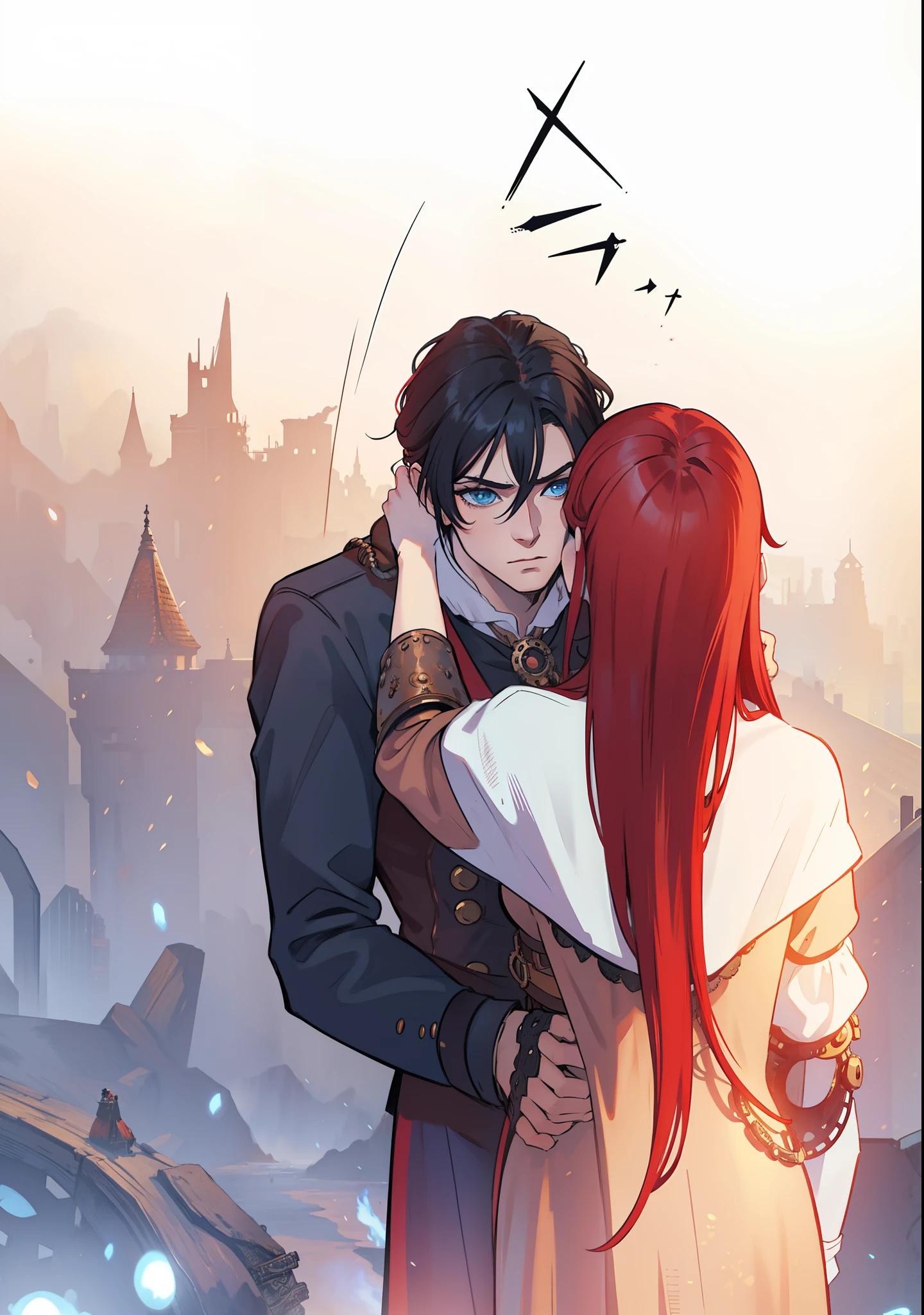 1Red-haired woman hugging her husband, he has sharp black hair and blue eyes, Uma arte para um RPG ((melhor qualidade)) ((olhos bonitos)) ((Steampunk))