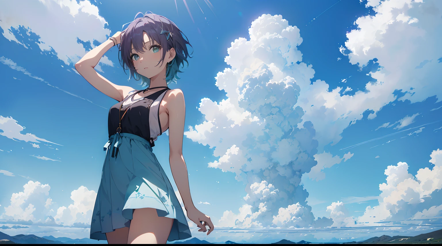 ((The Uyuni Salt Flat reflects the blue sky and summer clouds that stretch out in all directions. A girl walks through the middle of it, surrounded by the blue of the sky and the white of the clouds, creating a stunningly beautiful scene.)), BERAK (sunset:1.3),((anime girl walking on water)), (((The scenery is so vast that it can be seen)),(Perfect Anatomy:1.2),((Perfect hands:1.2)), (best quality:1.1), ((1girl)), from above、dutch angle、very wide shot、(((Toru Asakura:1.37, Solo))), (((bare-legged))), (((blue hairs、耳环、gradation hair、multi color hair、Parted bangs、Purple hair、short-cut、Summer dress in pure white with a lot of lace embroidery, sleeveless))), (Beautiful face, Cute face, Detailed face), (((Detailed beautiful green eyes))),NFSW,((​masterpiece)), top-quality, Anime Art Wallpapers 8 K, ripples, Dawn background, ((illustratio, concept-art, animesque, key visual)),sparkling pupils, happy, reaching out ,forward hands,floating hair, shiny hair,outdoors, wind,sparkling pupils, sexy body, NFSW,((​masterpiece)), top-quality, Anime Art Wallpapers 8 K,夏天、Makoto Shinkai's concept art、tumblr、magical realism、beautiful anime scene、Beautiful sky。By Shinkai Makoto、((By Shinkai Makoto))、anime background art、anime backgrounds、style of makoto shinkai、anime movie background、Galaxy Express、(((vast scenery))),extremely detailed CG unified 8k wallpaper, very fine 8KCG wallpaper, anime moe art style, Anime visuals of cute girls, anime style portrait, In an anime style, Beautiful anime, 8K Anime Art Style, In anime style、8K animation with detailed drawings, (​masterpiece, Best Quality), High resolution, Ultra-detailed, ultra-sharp, Cinematic lighting、HDR、UHD、8K、Glowing eyes,　blue-sky、