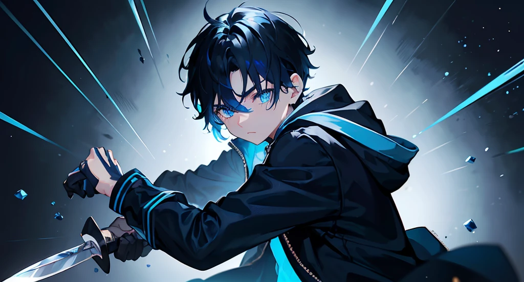 black backgrounds、brilliance、Particles of light、chromatic abberation、(One Boy:1.3)、A dark-haired、(Blue Jacket Hood)、(blue eyess:1.6)、Works with colorful textures、(hair messy:1.2)、short-hair、(Boy fighting with a knife:1.3)、Boy with a blue dagger、Blue knife、daggers