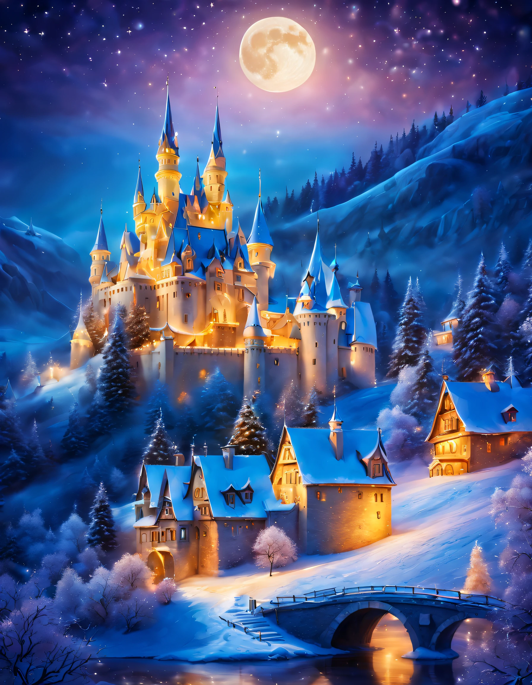 masterpiece photo 16 k fantasy rich beautiful rich romantic FAIRYTALE WINTER CHRISTMAS TREE, detailed, cinematic scene from film, colorful, complementary colors, fairytale, masterpiece photo, amazing, wonderful, Pure, vibrant colors, ultradetailed photorealistic, MOON NIGHT, MOONLIGHT BOKEH, perfect castle on background, christmas atmosphere