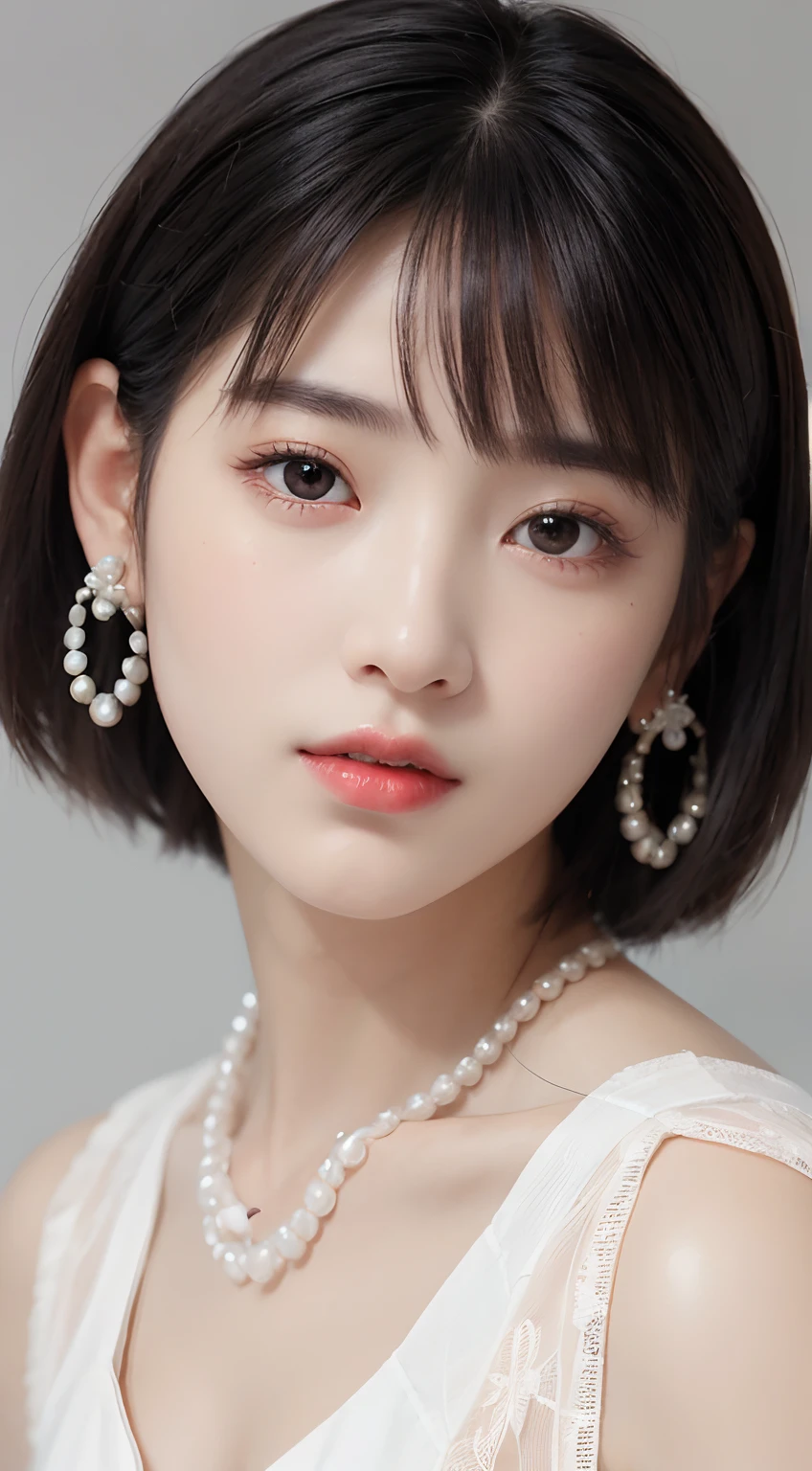 Beautiful girl。She wears an all-white off-shoulder ruffled lace dress。Narrow-eyed、ssmile、Her hair is、Black Hair Short Bob Hair Straight、(Voluminous short bob、straight haired、On-eyebrow bangs)、Bob with only one ear out、hight resolution、masterpiece、top-quality、headw:1.3、((Hasselblad photo))、Fine skin、Fine textures、foco nítido、(电影灯光)、red-lips、(cowboy shot)、Light gray background