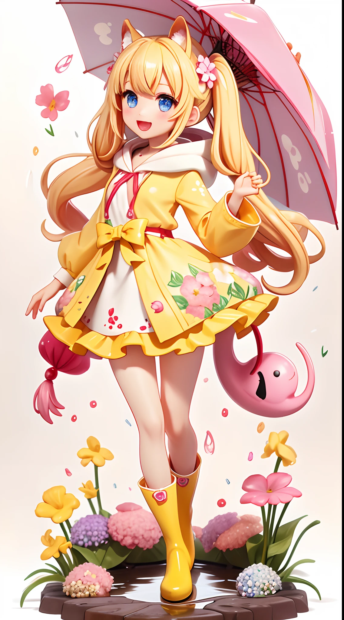 1girl in、rainbows、raincoat、Yellow raincoat、Rubber boots、hydrangeas、florals、length hair、Twin-tailed、boots、red blush、umbrellas、Opening Mouth、hair adornments、white backgrounid、hoods、独奏、Terubozu、Very long hair、Hood Up、long-sleeve、low twintails、the bow、bangss、a smile、Animal food、blue eyess、bunny rabbit、Closed umbrella、puddles、full bodyesbian、:d、snail、Yellow footwear、simple background、pink flowers、is standing、Leaf umbrella、umbrellas、Food-themed hair ornaments、Hair bow、animal ear、ngel、blonde  hair、flower in hair、Sateen、Tiere、((figurine))