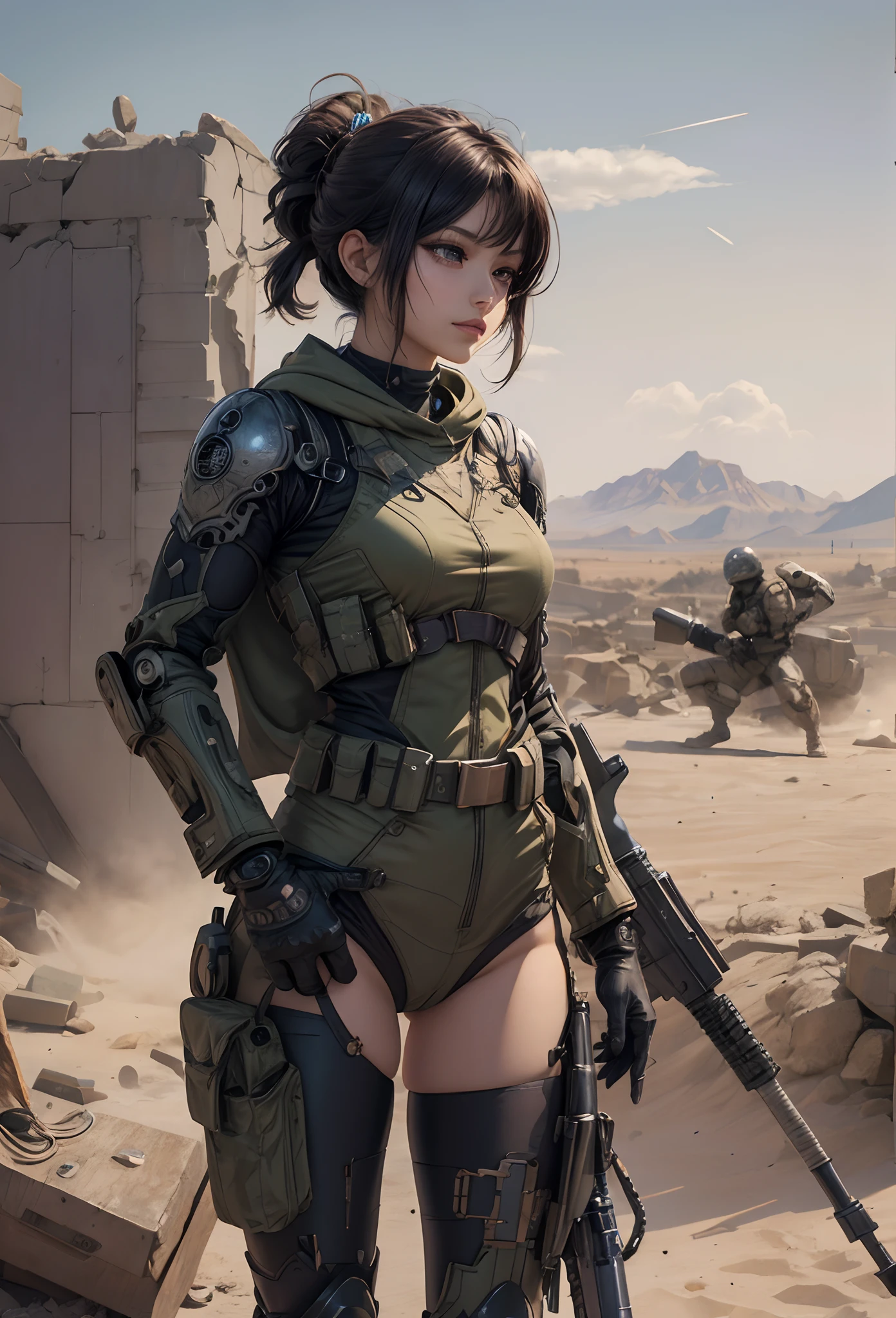 (Detailed illustrations,Very detailed and detailed drawing,Delicate lines with slow and rapid,Realistic texture expression),[Color tressed main line],(Martian battlefield [Desert Ruins]),[独奏],HENTAI ((ANIME) BIONICGirl) Beauty (14years))((well-muscled)) [SKINNY],cyborgs [MACHINEARMY Mobile Infantry Military],Bullet belt [Hood cloak [Brute knife]] [Heavy Mace [javelin]] [[Shells Mortars Grenades]],gravure [[catfight]] Battle Damage,[retro-futuristic],(Intricate and beautiful decoration [Dense detail]),(Fine and beautiful skin expression [Transparency]),[Perfect eye details (Iris beautifully drawn in every detail)[Jewel-like eyes]],[long and beautiful eyelashes],[Meticulously drawn hair [More on beautiful and shiny hair]],(Perfect hand details [Beautiful fingers without breakdowns [Beautiful nails]]),(Perfect Anatomy(Perfectly proportioned))[[Full body like]],[[Design built to the highest level]][Ideal color coordination(Accurate simulation of light-material interactions)],([Precision Detail](detaileds,high-detail)),[Visual art that conveys a sense of narrative].