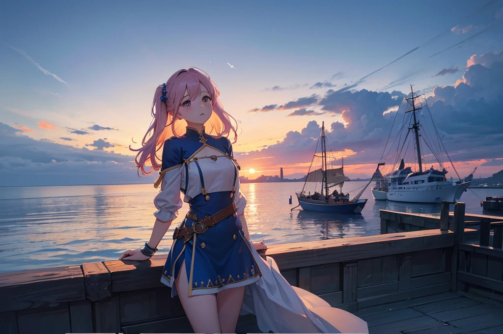 masterpiece, best quality, ultra-detailed, fine detailed, 8k, Breathtaking sights, spectacular views, Dawn over the port was the moment when the colors of the sea and sky changed. The lights of ships were dotted on the still dark surface of the water. They were evidence of travelers and merchants who had come from distant lands. The sky was starting to turn pale pink and blue. When the sun rose, the sea began to sparkle. I felt a new day starting. The people of the port woke up and began the day's activities, exchanging diverse cultures and languages. The dawn over the port was a wonderful sight, full of hope.