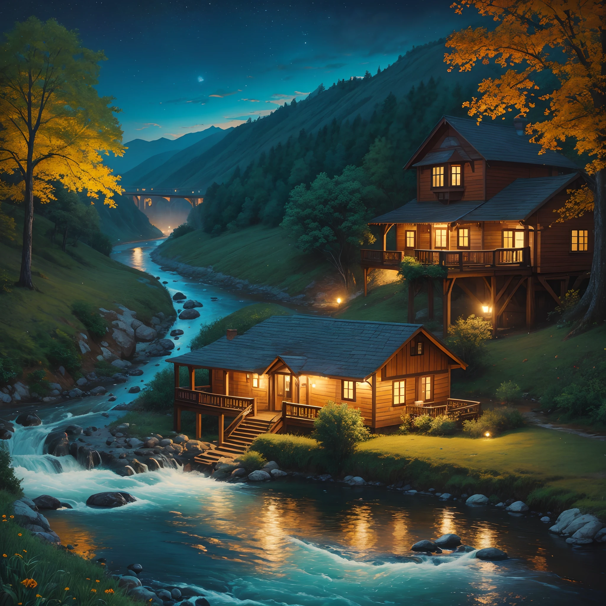 authentic, vibrant, warming, night, oil painting, beautiful house on a hill, vibrant colors, flowing colors, river flowing