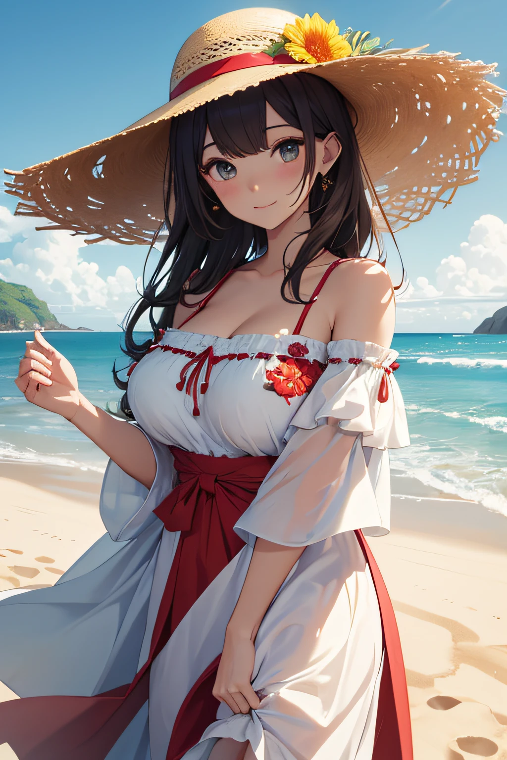 masterpiece、Massive landscape((Mysterious Sea、sand beach))、a beauty girl、huge tit、Embroidery on a long white and red dress、Straw hat with yellow flower ornament