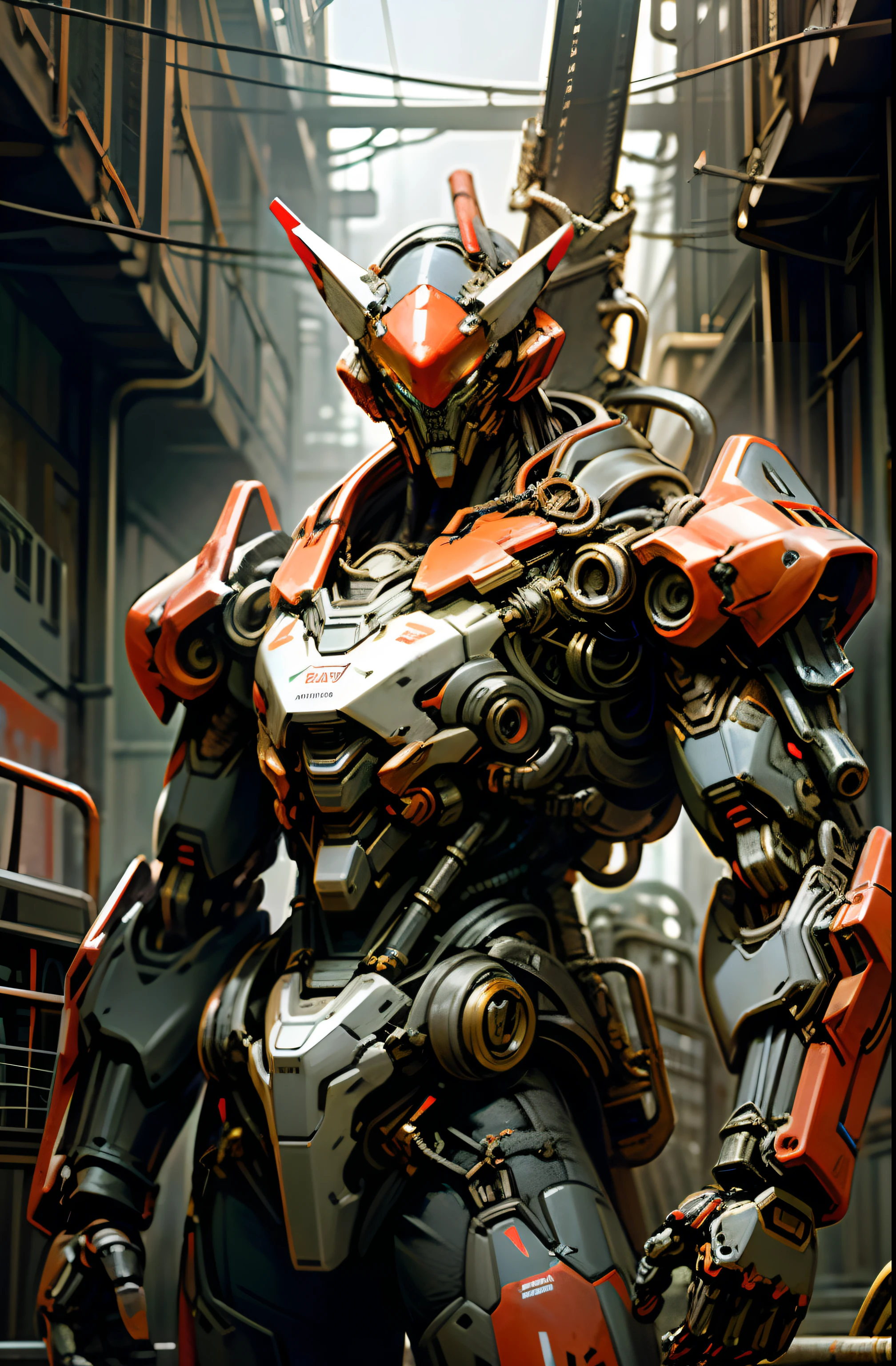 Dark_Fantasy,Cyberpunk,(chain saw,chain saw man,Red:1.1),1man,Mechanical marvel,Robotic presence,Cybernetic guardian, wearing a worn-out mech suit, intricate, (steel metal [rusty]), elegant, clear focus, shot by greg rutkowski, soft lighting, vibrant colors, masterpiece, ((street)), cowboy shot, dynamic pose,