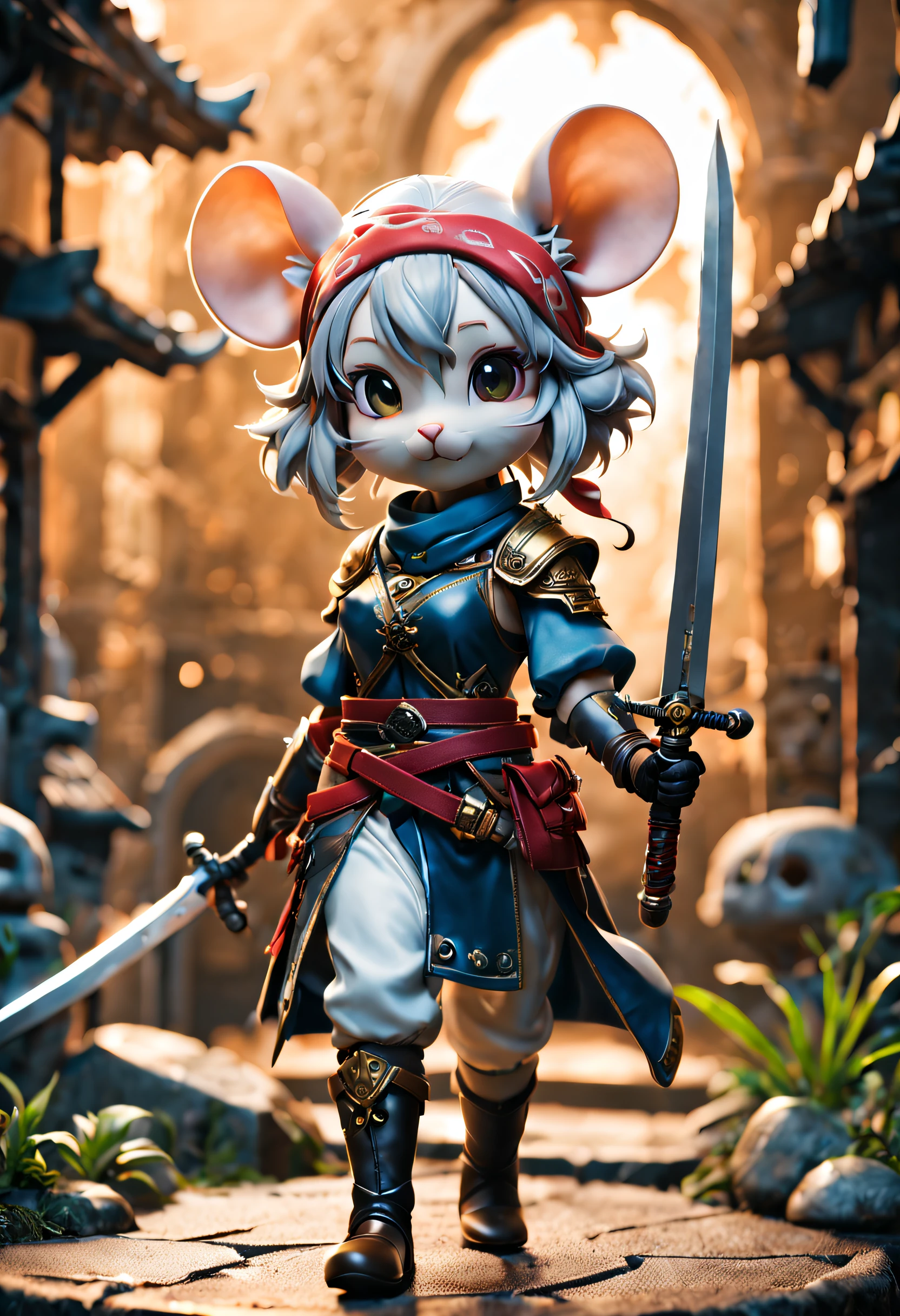 full body Esbian、Cool Female Mouse、Pop Female Mouse、diorama、symple background、bandana、holding swords、masterpiece, Best Quality, Capture super cute moments, depth of fields, ultra-detailliert, Ultra High Resolution, Octadale, 8K, 16 K