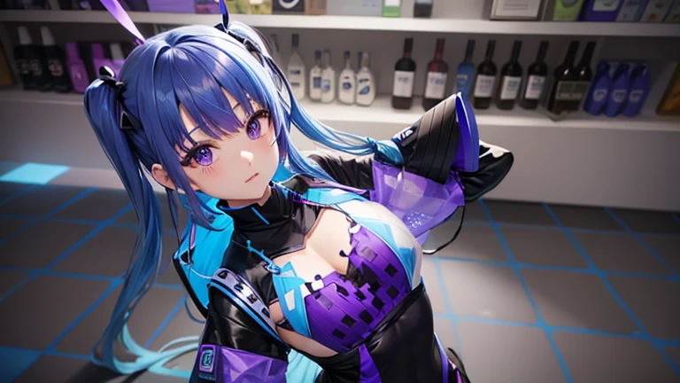 Half-twin tails with blue hair、Purple Mesh、Black-purple clothes、Background bar