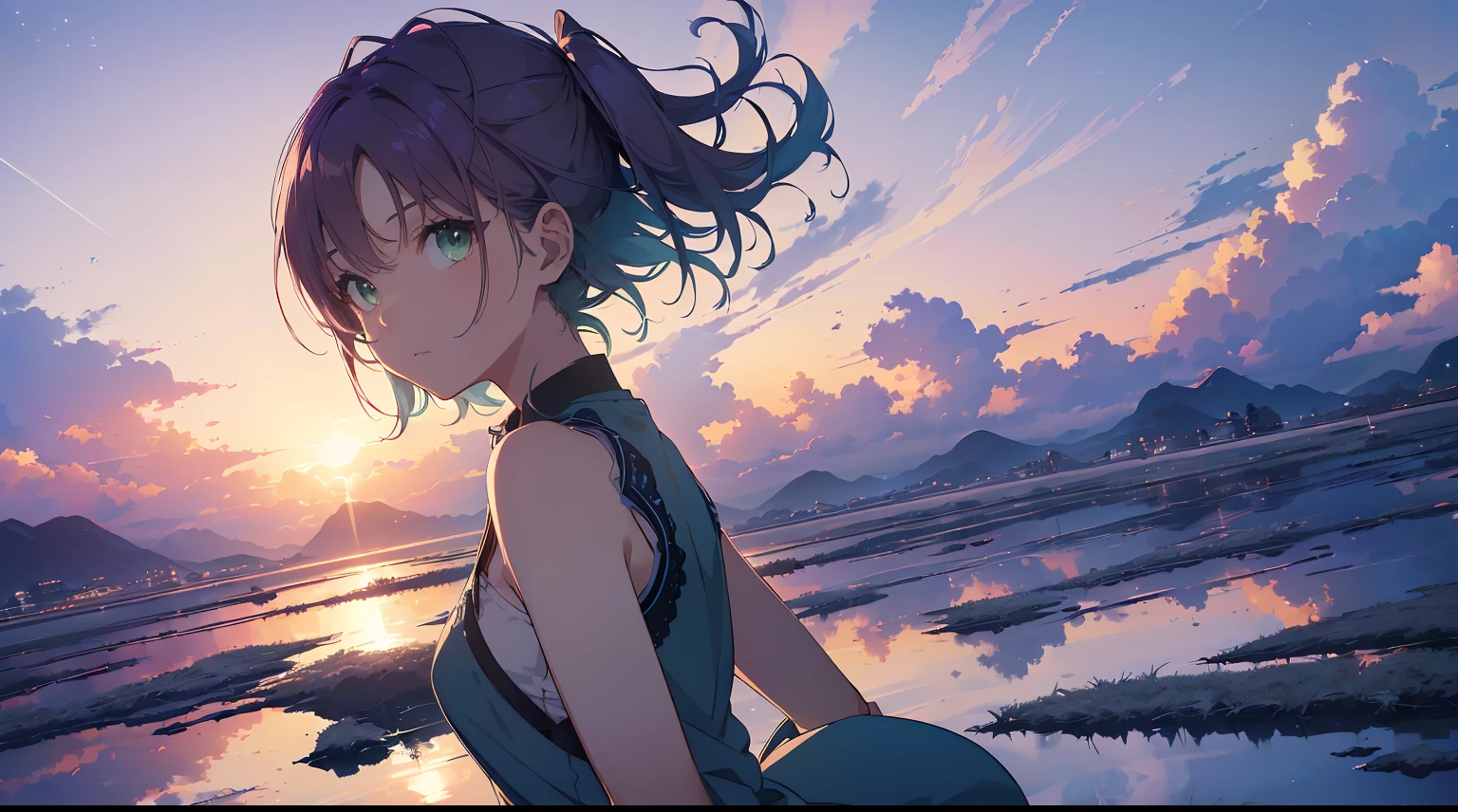 ((The Uyuni Salt Flat reflects the blue sky and summer clouds that stretch out in all directions. A girl walks through the middle of it, surrounded by the blue of the sky and the white of the clouds, creating a stunningly beautiful scene.)), BERAK (sunset:1.3),((anime girl walking on water)), (((The scenery is so vast that it can be seen)),(Perfect Anatomy:1.2),((Perfect hands:1.2)), (best quality:1.1), ((1girl)), from above、dutch angle、very wide shot、(((Toru Asakura:1.37, Solo))), (((bare-legged))), (((blue hairs、耳环、gradation hair、multi color hair、Parted bangs、Purple hair、short-cut、Summer dress in pure white with a lot of lace embroidery, sleeveless))), (Beautiful face, Cute face, Detailed face), (((Detailed beautiful green eyes))),NFSW,((​masterpiece)), top-quality, Anime Art Wallpapers 8 K, ripples, Dawn background, ((illustratio, concept-art, animesque, key visual)),sparkling pupils, happy, reaching out ,forward hands,floating hair, shiny hair,outdoors, wind,sparkling pupils, sexy body, NFSW,((​masterpiece)), top-quality, Anime Art Wallpapers 8 K,夏天、Makoto Shinkai's concept art、tumblr、magical realism、beautiful anime scene、Beautiful sky。By Shinkai Makoto、((By Shinkai Makoto))、anime background art、anime backgrounds、style of makoto shinkai、anime movie background、Galaxy Express、(((vast scenery))),extremely detailed CG unified 8k wallpaper, very fine 8KCG wallpaper, anime moe art style, Anime visuals of cute girls, anime style portrait, In an anime style, Beautiful anime, 8K Anime Art Style, In anime style、8K animation with detailed drawings, (​masterpiece, Best Quality), High resolution, Ultra-detailed, ultra-sharp, Cinematic lighting、HDR、UHD、8K、Glowing eyes,　blue-sky、
