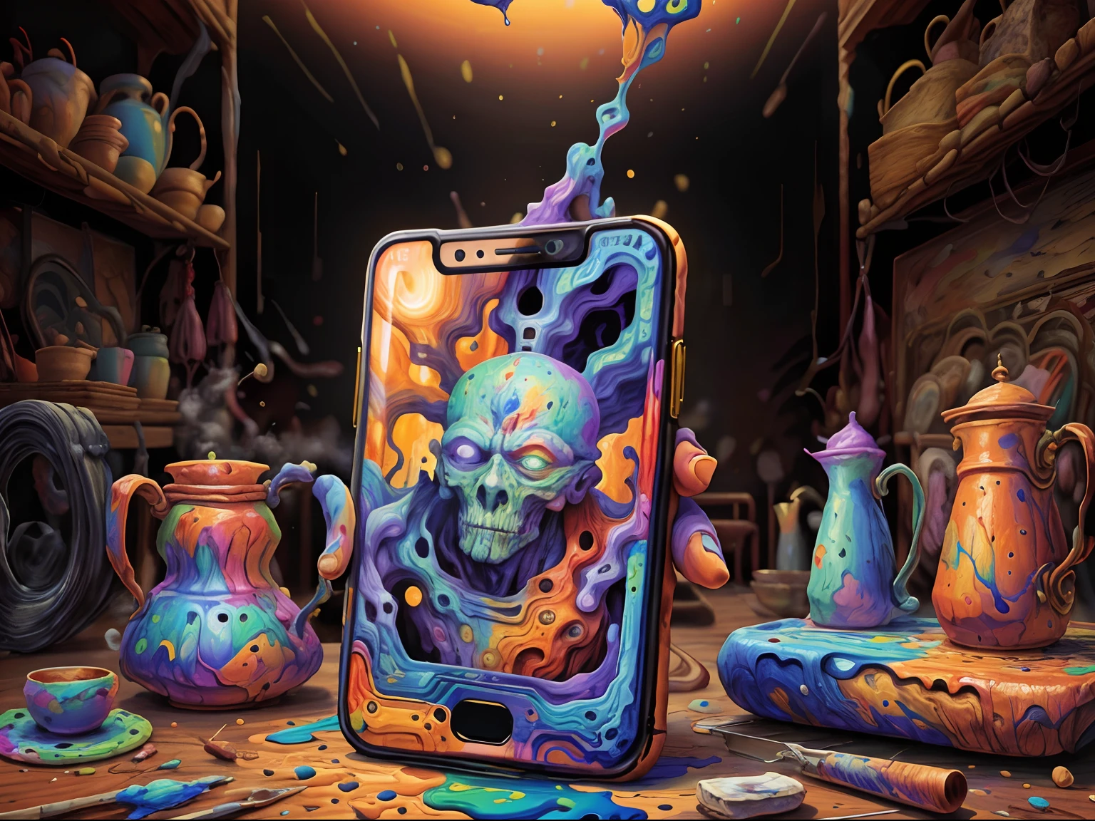 A ceramic painting on the phone,tmasterpiece,the ai