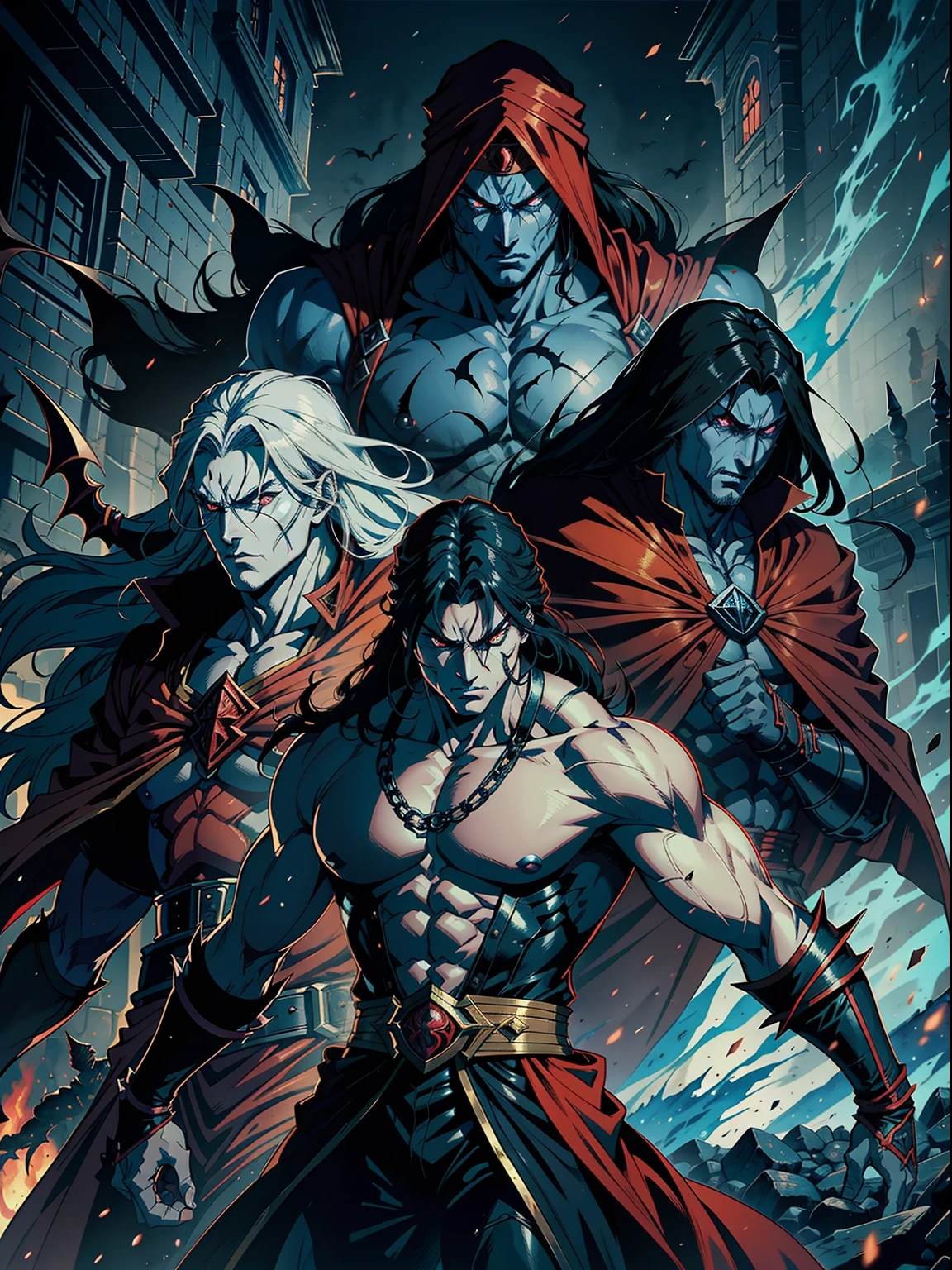 Castlevania, Hyper Realistic Shadow Lord Super Detailed Dynamic Shooting Master of Lord Dracula Medieval Arab Warrior with Red Turban Scary Face Hokuto No Ken Structure Muscular Face Legendary Kenshiro Surrounded by Demons and Demons Talking Battlefield Cinematic Scenes Epic Movie Hyper Realistic Movie Legendary Movie Epic Movie Epic Movie Epic Movie