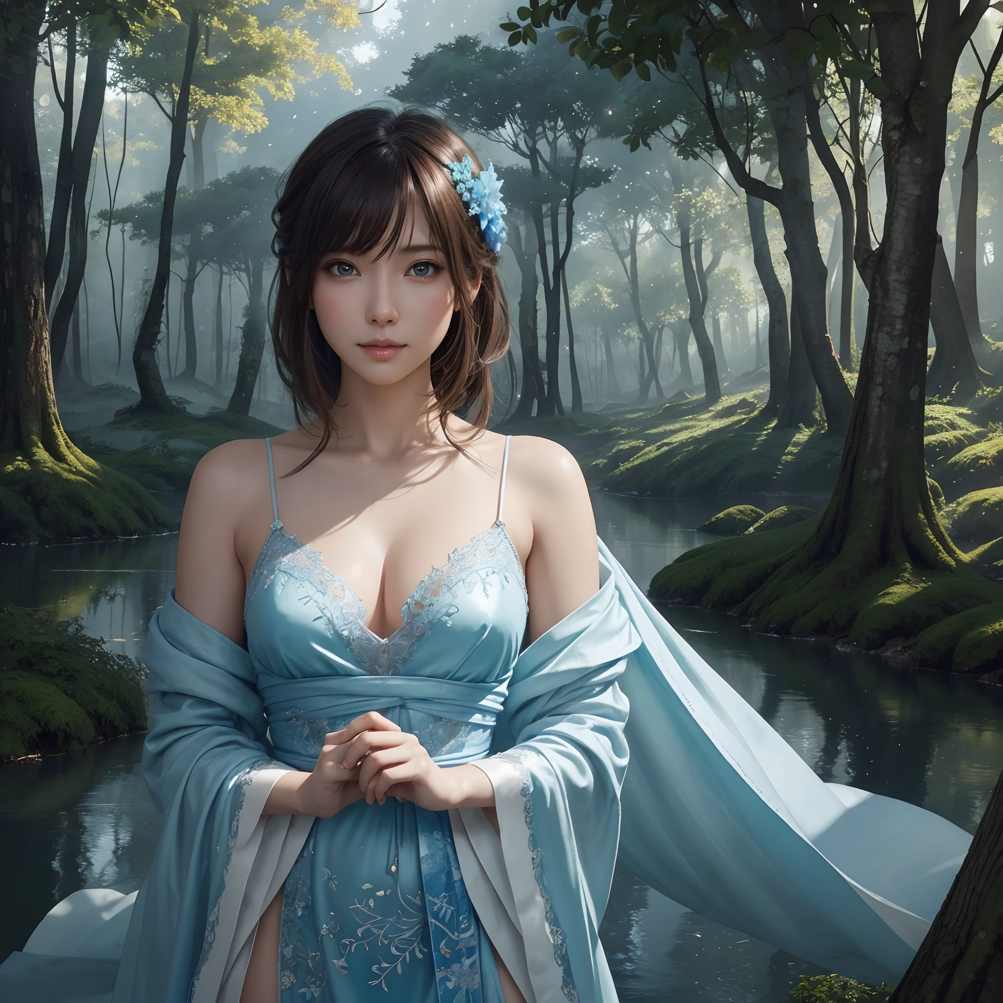 hightquality、8K Ultra HD、fullllbody、1 16-year-old female、Gentle smile、Rich facial expressions、beauty legs、robe blanche、light brown hair、Blue eyes、(Forest bathing in a lovely healing forest in the background)、A dreamy world、cute little、Beautiful fece、portlate、art by:Alberto Seveso、Abstract art style、Complex and intricate watercolor painting 、digitial painting、concept-art、Volumetric lighting、TanvirTamim、metal reflective、2d render、8K。 by artgerm、Trending on ArtStation