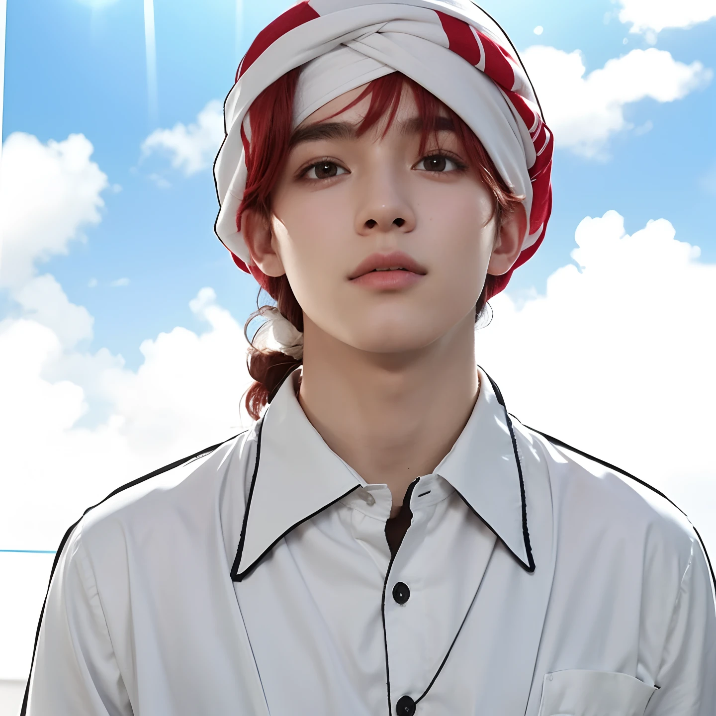 A teenage boy with realistic red hair, exactly the same hairstyle, wearing a realistic Arabic turban,Wajah tampan realistic, ekspresi tersenyum realistic, kulit sedikit gelap realistic,Adapt the exact same clothes, realistic white shirt, realistic light, realistic shadows, realistic background