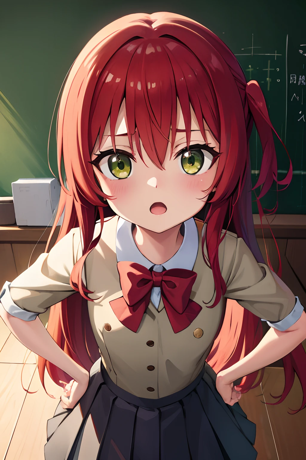 kitaikuyo, ikuyo kita, (green eyes:1.5), hair between eyes, long hair, one side up, red hair, (flat chest:1.2),
BREAK black footwear, black skirt, grey sailor collar, pleated skirt, sailor collar, school uniform, shoes, short sleeves, shuka high school uniform, skirt,,
BREAK looking at viewer,
BREAK indoors, classroom,
BREAK (masterpiece:1.2), best quality, high resolution, unity 8k wallpaper, (illustration:0.8), (beautiful detailed eyes:1.6), extremely detailed face, perfect lighting, extremely detailed CG, (perfect hands, perfect anatomy),up chest.big breasts.Sad face.open mouth.put hands on the hip.look from above.