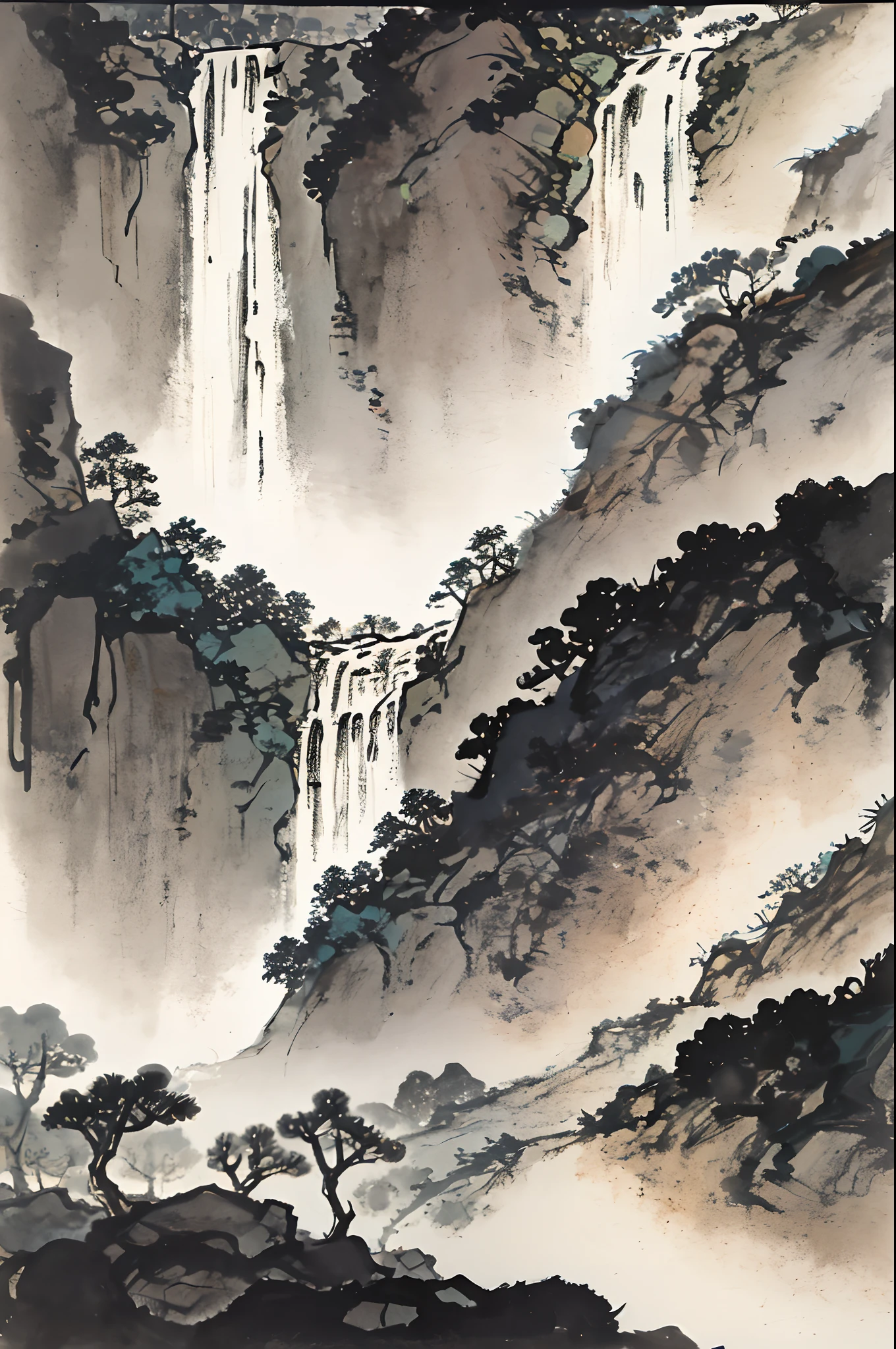 Chinese landscape painting，ink and watercolor painting，the trees，vegetation，small waterfalls，There is a rock in the open meadow