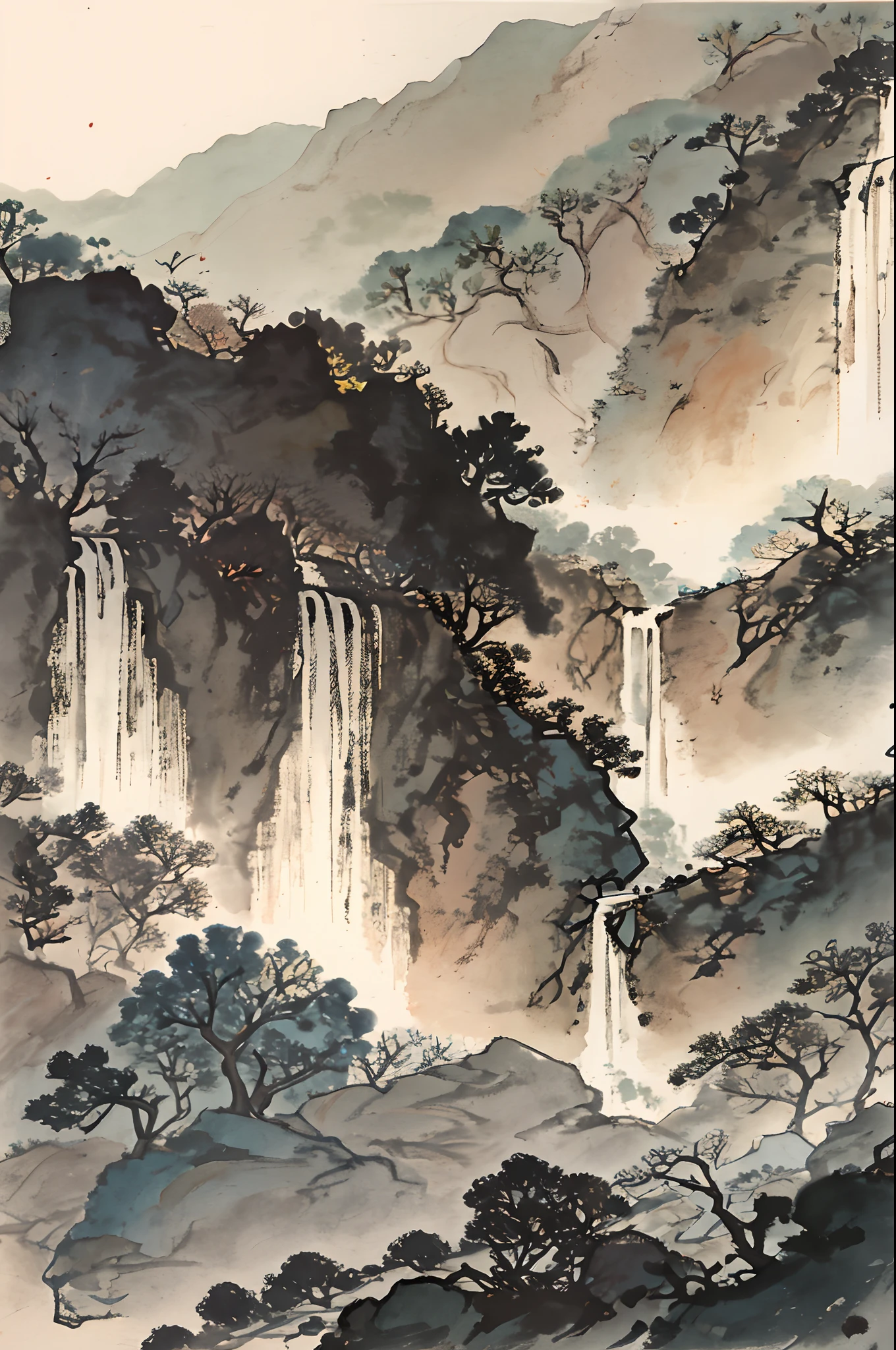 Chinese landscape painting，ink and watercolor painting，the trees，vegetation，small waterfalls，There is a rock in the open meadow