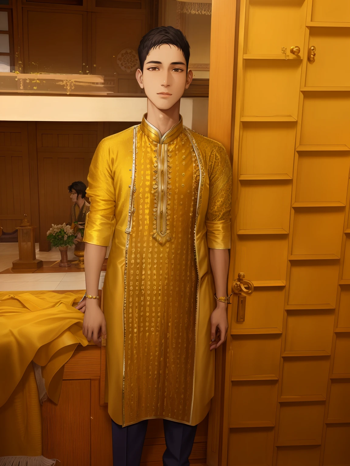 arafed young man in yellow shirt standing in front of a door, wearing a silk kurta, wearing a kurta, around 1 9 years old, wearing traditional garb, traditional clothes, inspired by Saurabh Jethani, traditional clothing, mohamed chahin style, indian style, old picture, vastayan, traditional dress, golden colour, with yellow cloths