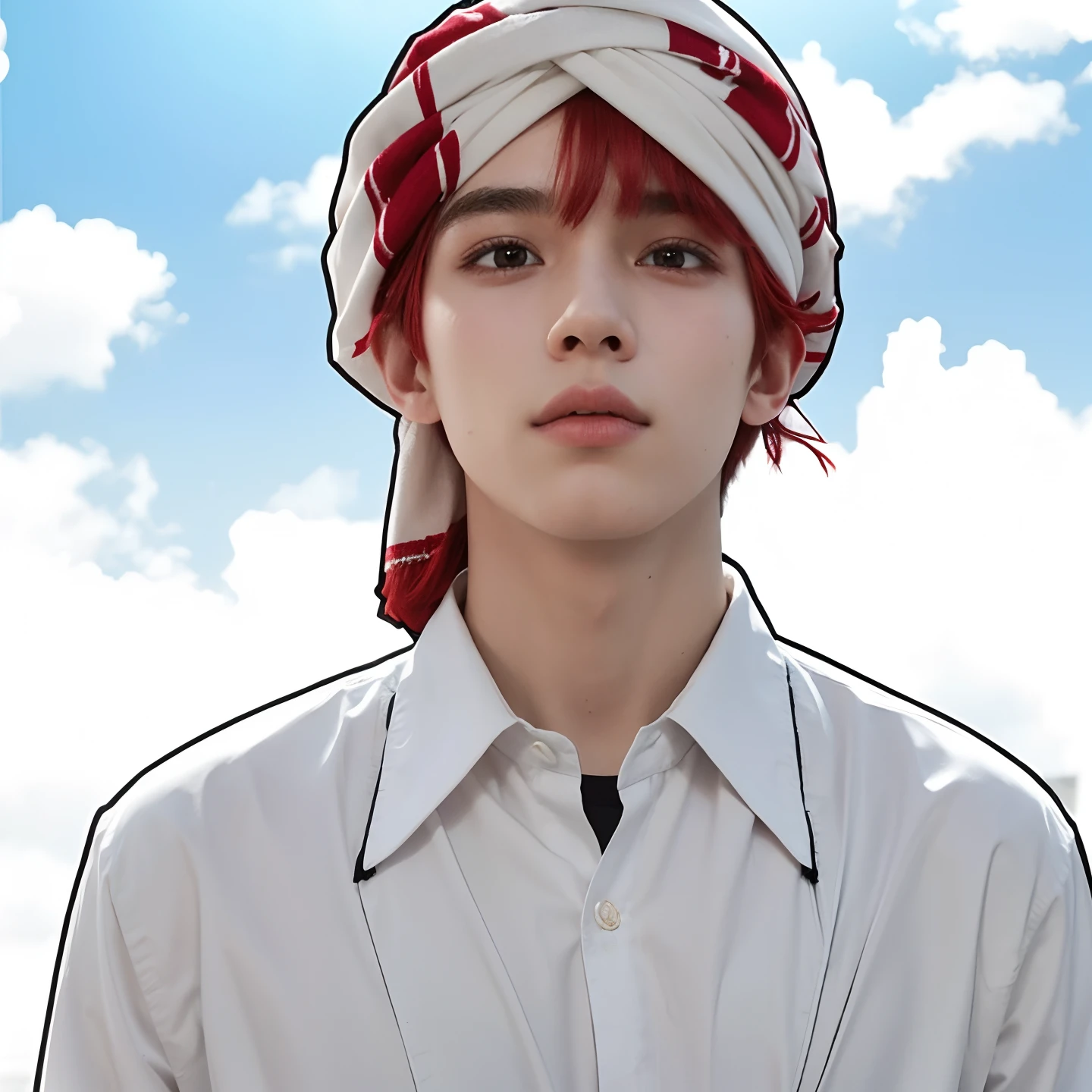 A teenage boy with realistic red hair, exactly the same hairstyle, wearing a realistic Arabic turban,Wajah tampan realistic, ekspresi tersenyum realistic, kulit sedikit gelap realistic,Adapt the exact same clothes, realistic white shirt, realistic light, realistic shadows, realistic background