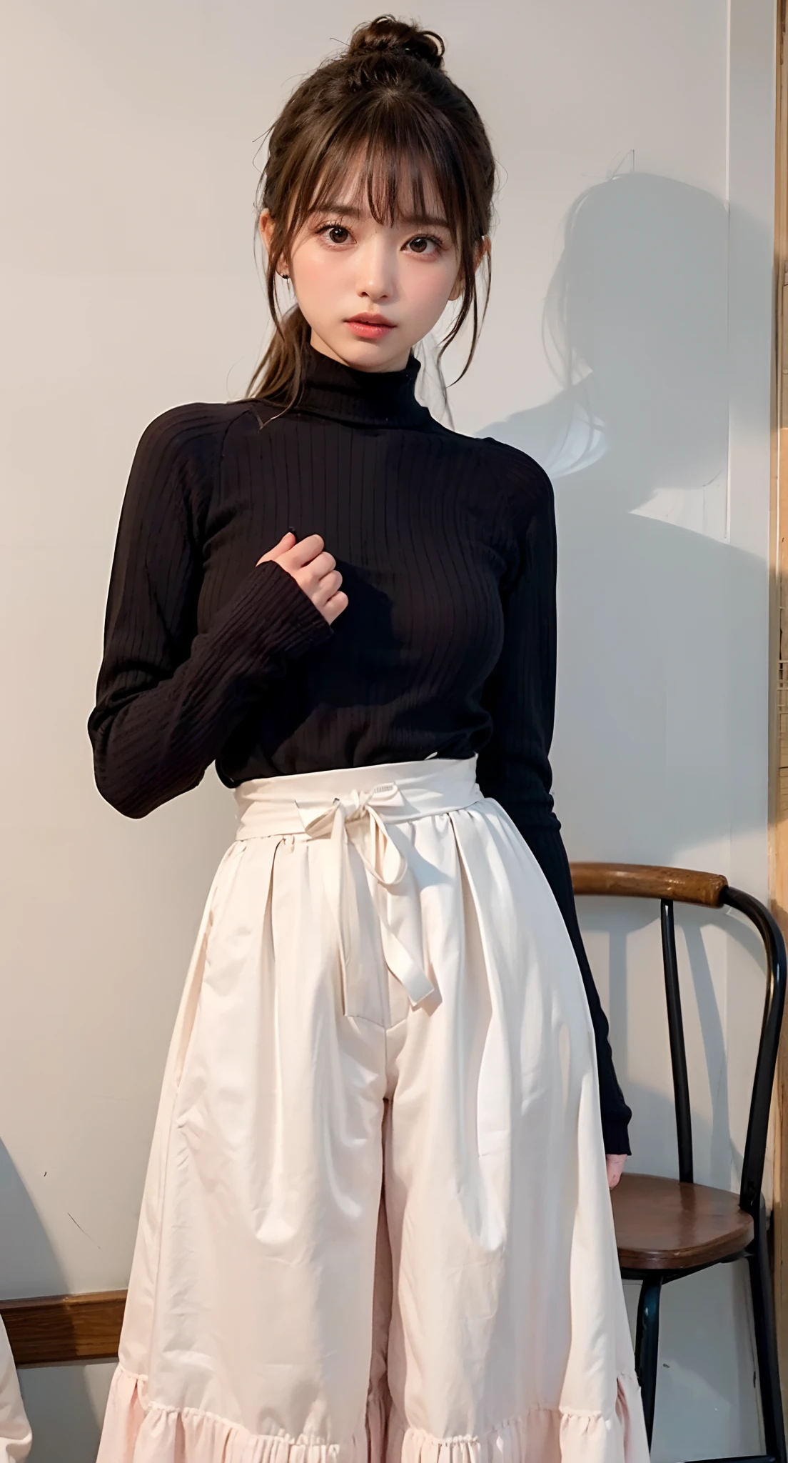 (long skirt,Long skirt in maxi length、bending forward、Longer dress:1.9),(((Kamimei、Bun hair、Embarrassing、red blush、embarrassed from、Mouth ajar))),((((White lace blouse、sleeveless、Gray Check Skirt、small tits、oestrus、I'm、Turtleneck sweater、no sleeves、high-heels)))),((In the office、In the company、In the reception room、frombelow))、masutepiece, 1girl in, best qualtiy, Ultra Detail, (shiny), (Small)、(((with blush cheeks,))),Ray tracing,Perfect Lighting, (milky skin:1.2),reflection, up looking_で_viewer, blush, bow ribbon, yellow_Eyes, White choker, Low_Twin-tailed、(((A slender,Japan's cutest 28-year-old beautiful girl))),Small ribbons in the hair、Contrast Legs