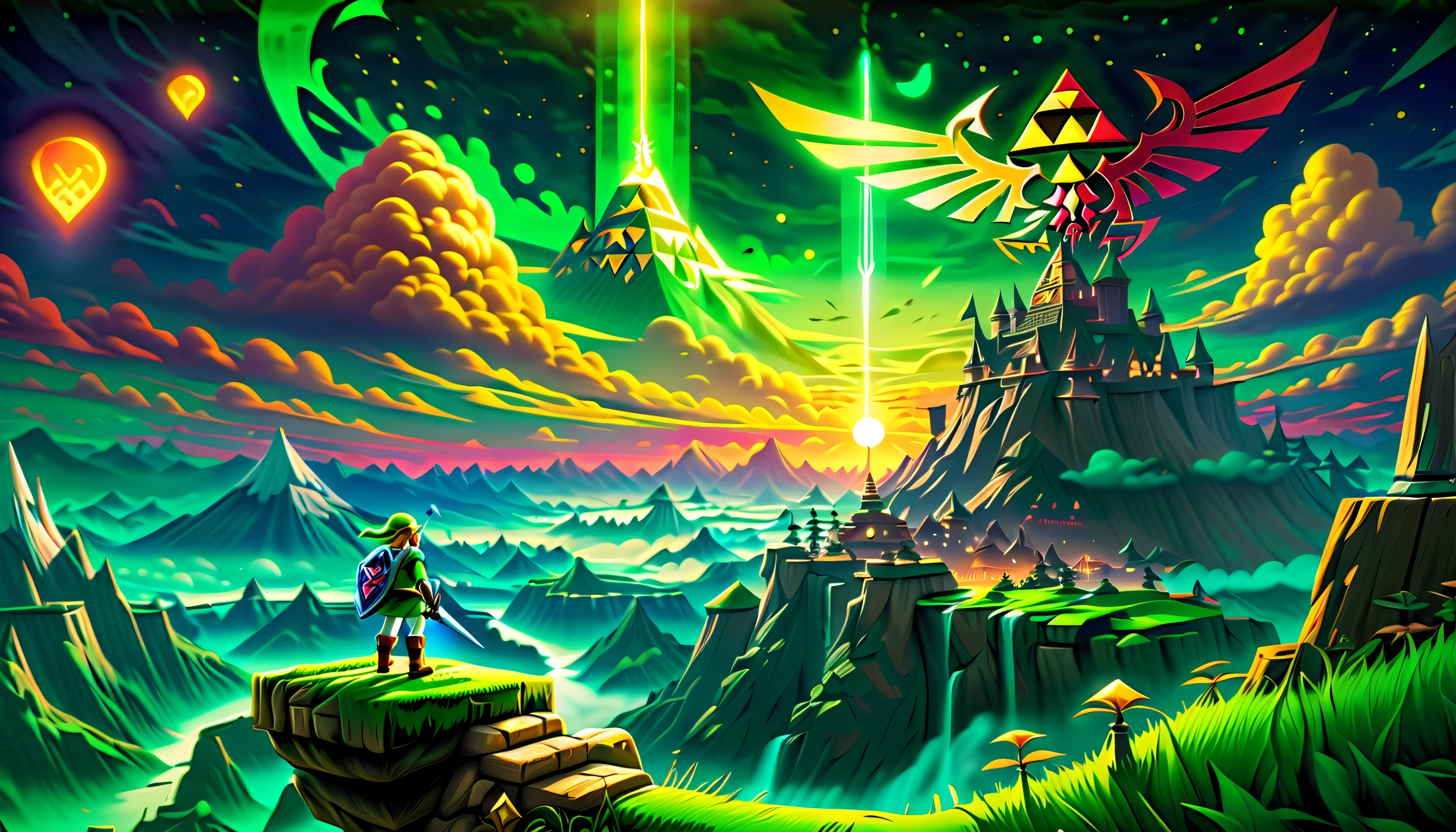 historical scene floating in the sky landscape digital cg illustration detail. night time of video game, (((intricate insane detailed Legend of Zelda landscape and character of Link:1.3))), Immerse yourself in a world of imagination with this landscape illustration. watch as scenes come to life and float in the sky, displayed on a multitude of monitors. The intricate details and delicate rendering of this illustration will leave you in awe of its great quality. dynamic angle, rich colors, (((intricate details:1.3))), (((extremely details:1.3))), (((highly quality:1.3))), (((true masterpiece:1.1))), crisp clarity that is unmatched digital paint, (((radiosity rendered in stunning 32k resolution:1.3))), overall atmosphere of fear and dread, beauty and intricacy details, (((rendered in full rich color against a backdrop of radiating glowing:1.3))). (cinematic still with epic trance:1.1), testament to its amazing quality and resolution.