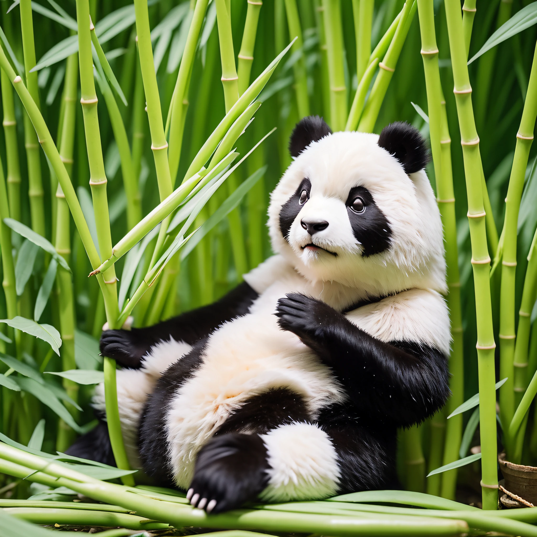 white backgrounid，Create a panda，The panda takes the form of the letter H，Pandas are a bit cute，Eating bamboo shoots