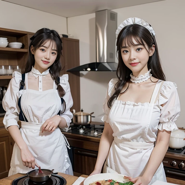 〈〈〈2 Girls Two Shots〉〉〉(((high-level image quality)))(((a picture)))(((Two Girls in Edwardian Maid Outfits)))、(((white brim with large frills,)))、(((White Waitress Apron)))、Silk Maid Clothes、Cute Maid Clothes、Luxury Maid Clothing、Sexy Maid Clothes　Two girls preparing a meal in the futuristic kitchen of an apartment building、Sparkling marble system kitchen、High-end tableware is lined up、Large cupboard、High-quality ingredients、Storage refrigerator、Luxury Wine Cellar、　(((1girl in)))Girl standing behind the kitchen table with ingredients and preparing food〈And〉Behind the scenes(((1girl in)))Girl standing in front of the stove and cooking　(((Detailed work scene)))(((Dynamic Cooking)))(((Random Cooking Shots)))　〈〈〈2 Girls Two Shots〉〉〉　(((详细的脸、a 、teen)))((ailed body、Model body type、Sexy body)))(((NSFW)))(((1girl in、Longhaire、Blue and White Edwardian Maid Outfit)))〈And〉(((1girl in、Shortcut Hair、Red and White Edwardian Maid Outfit)))(Looking at the camera)　(Angelic smile)